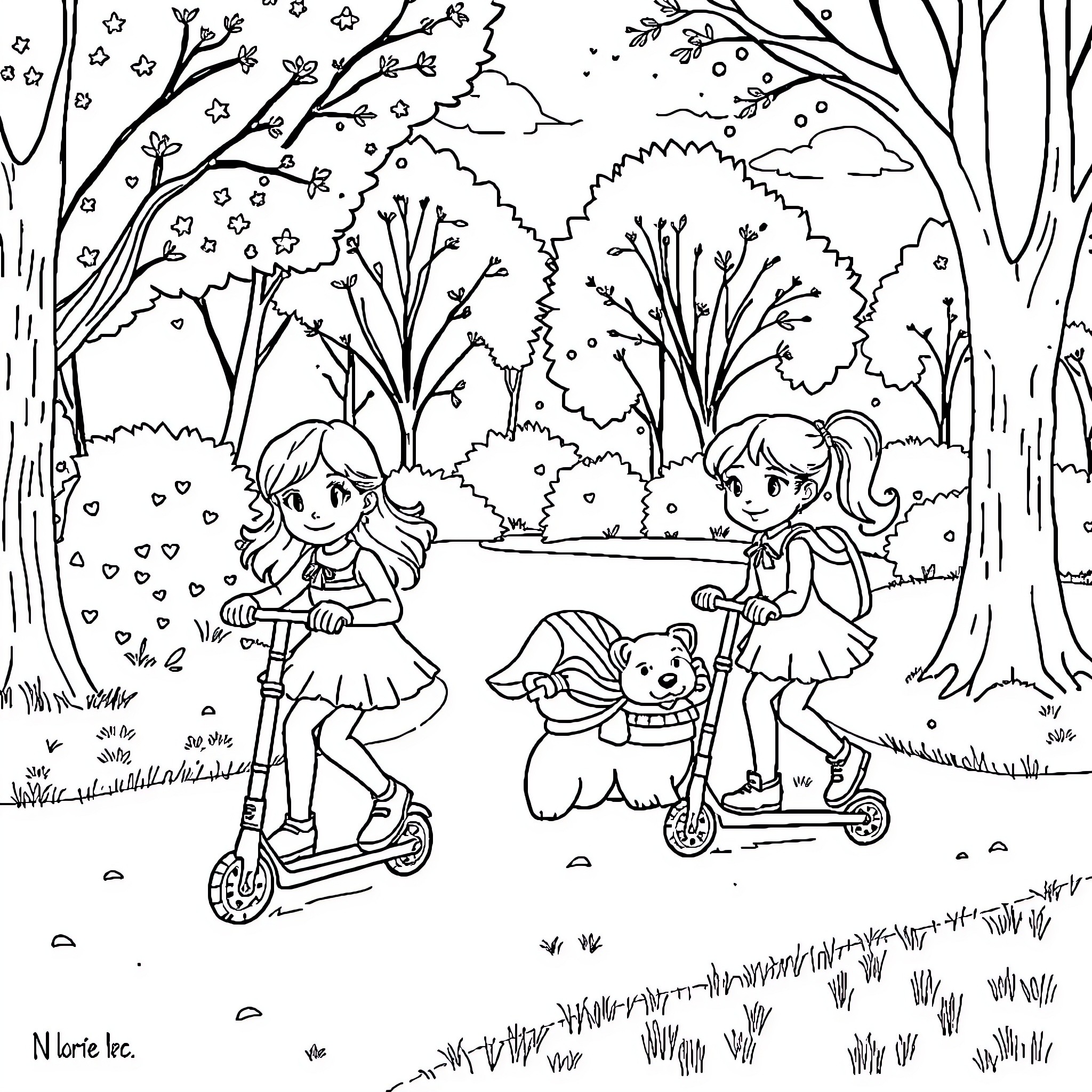 Fille playing joyfully with friends in the enchanting forest Coloring Page (free black-and-white line drawing printable PDF for all, from beginners to advanced learners, including children, teens, adults, and seniors)