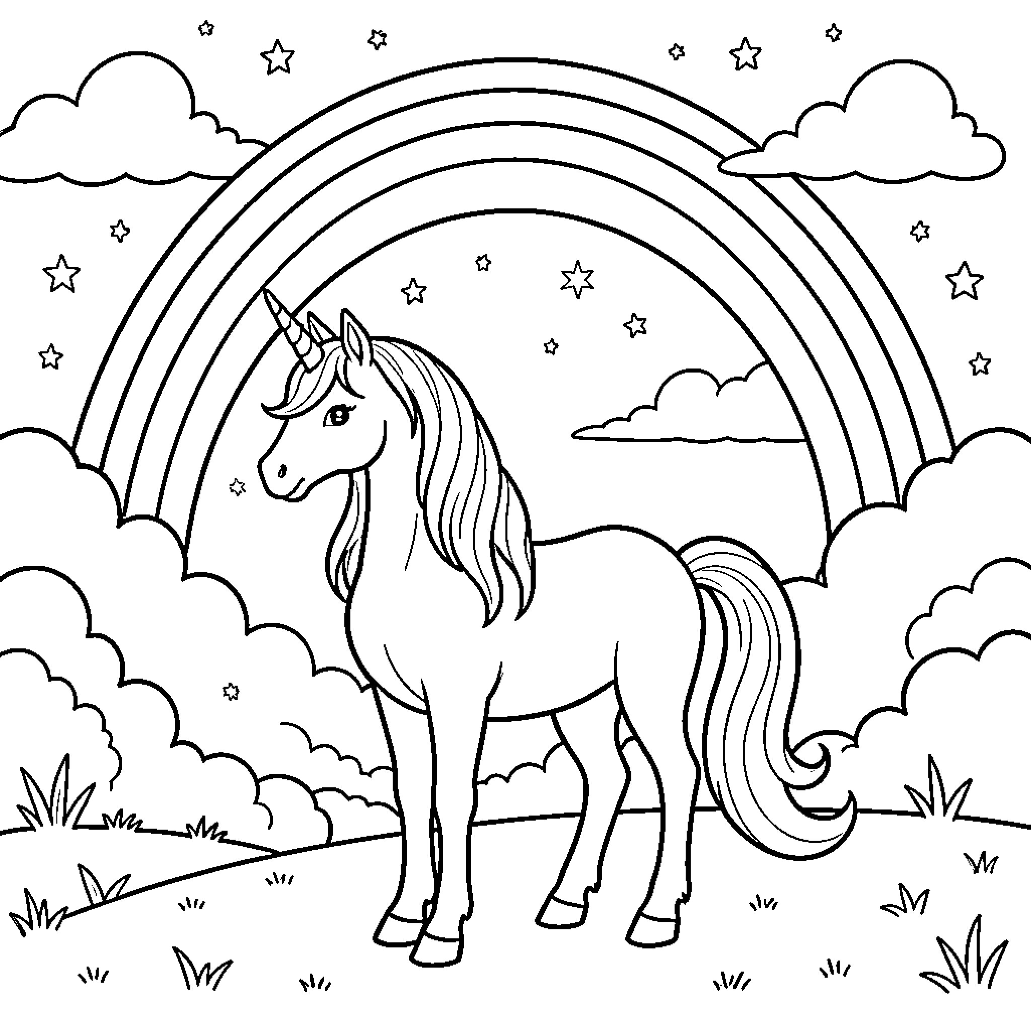 Unicorn standing peacefully under a large rainbow Coloring Page (free black-and-white line drawing printable PDF for all, from beginners to advanced learners, including children, teens, adults, and seniors)