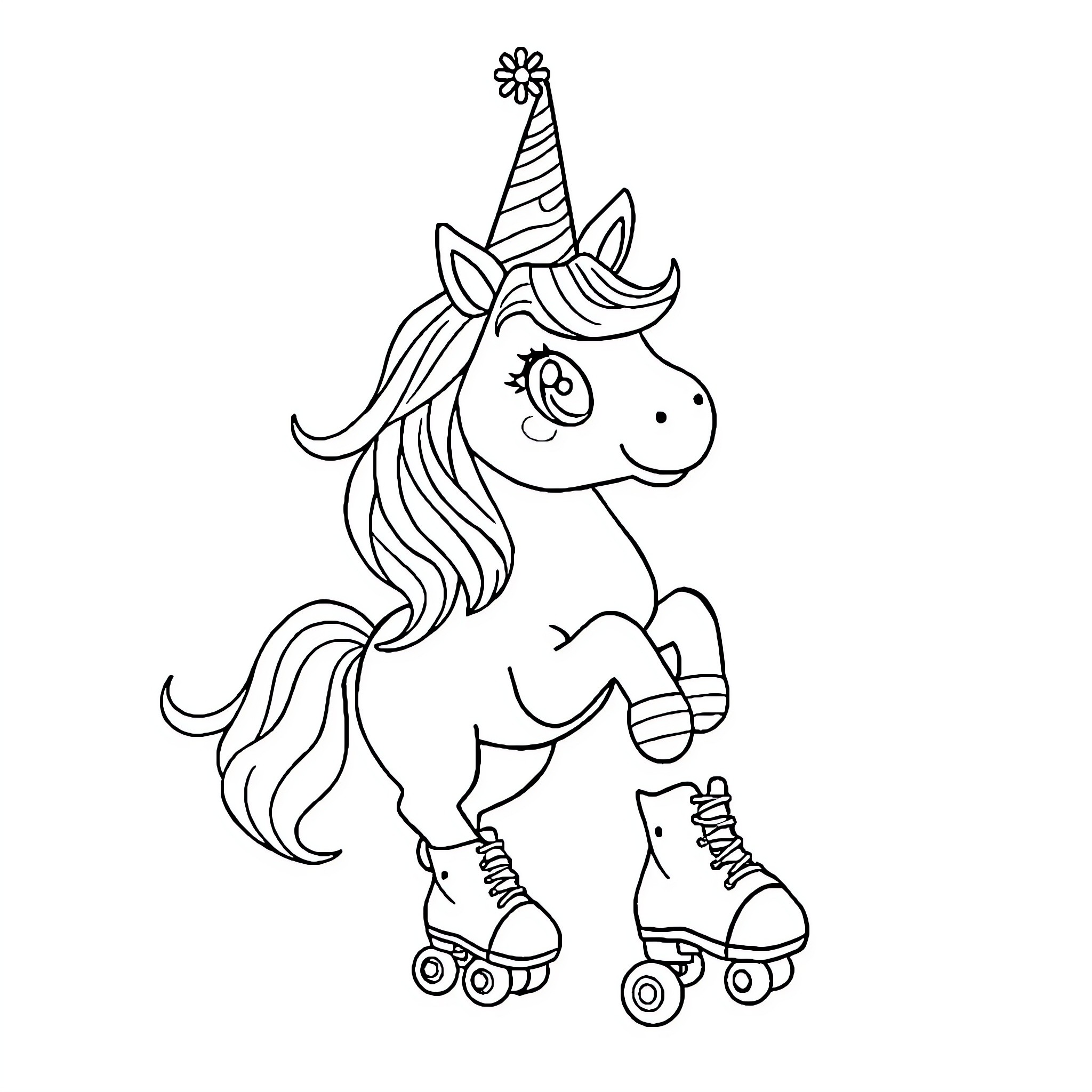 Unicorn Roller Skating with Party Hat Coloring Page (free black-and-white line drawing printable PDF for all, from beginners to advanced learners, including children, teens, adults, and seniors)