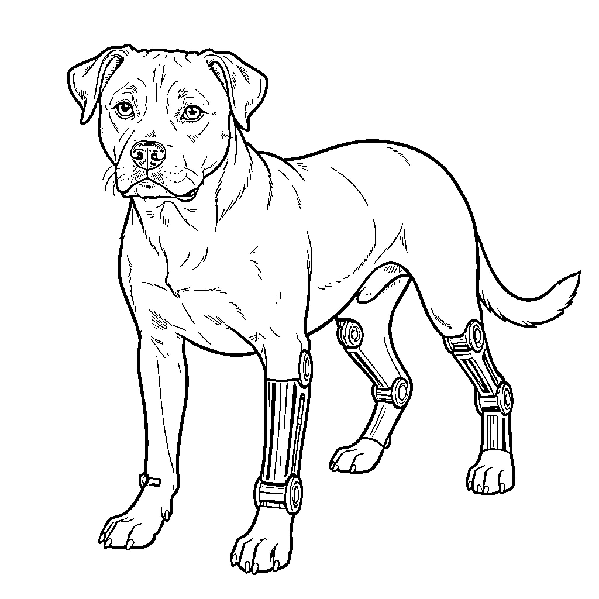 Staffy dog with mechanical prosthetic limbs Coloring Page (free black-and-white line drawing printable PDF for all, from beginners to advanced learners, including children, teens, adults, and seniors)