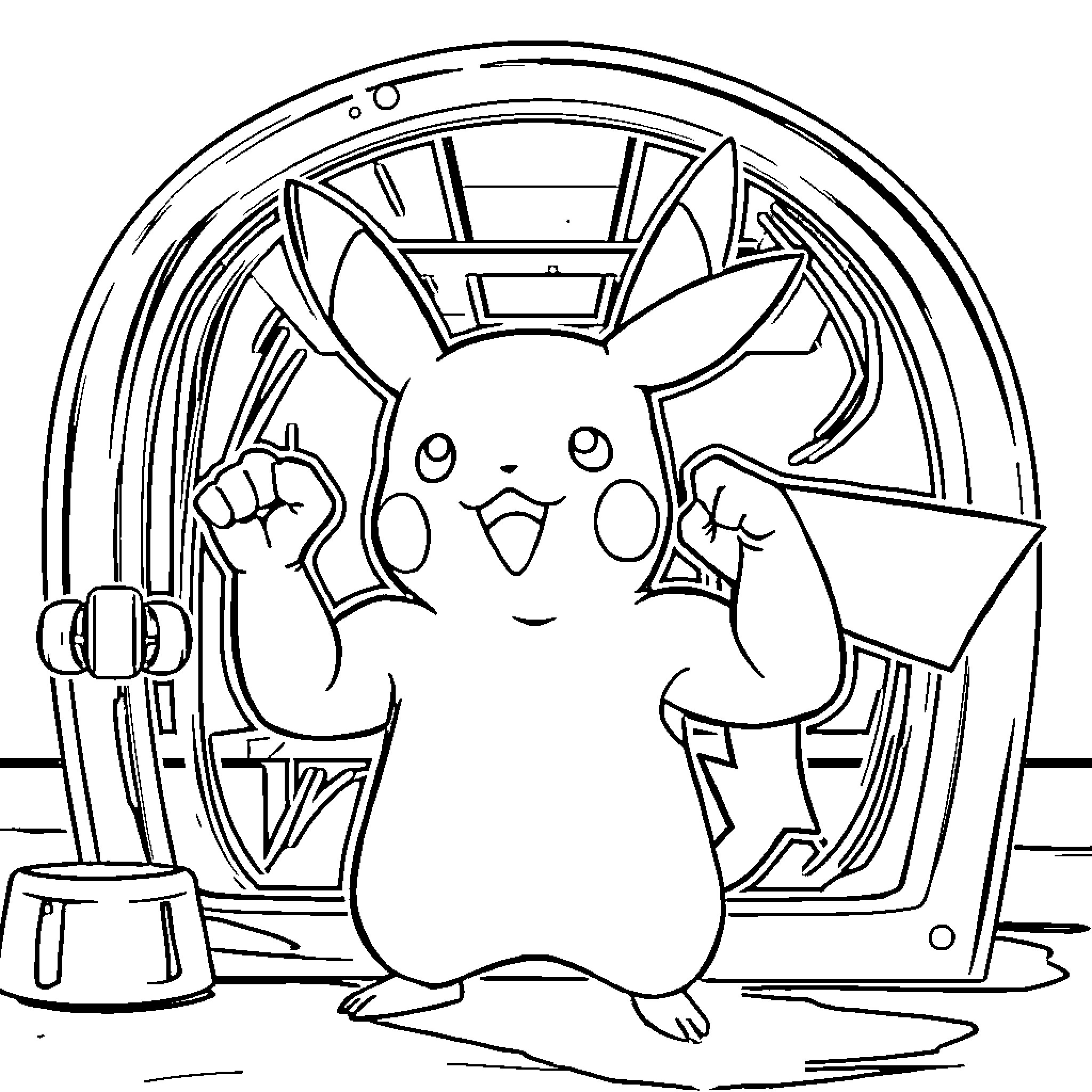 Pikachu excitedly surrounded by gaming devices Coloring Page (free black-and-white line drawing printable PDF for all, from beginners to advanced learners, including children, teens, adults, and seniors)
