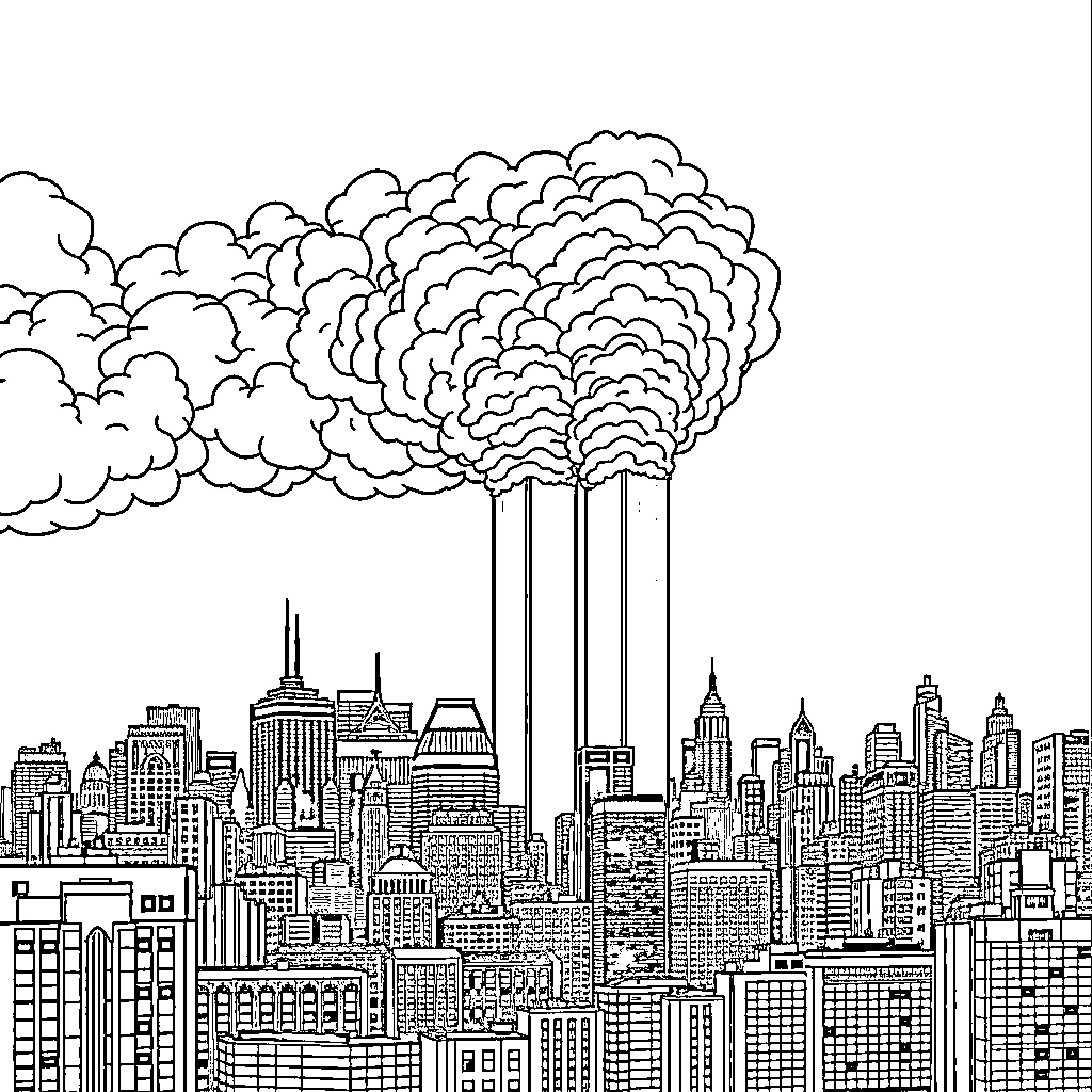 911 Towering Smoke Cloud Over City Skyline Coloring Page (free black-and-white line drawing printable PDF for all, from beginners to advanced learners, including children, teens, adults, and seniors)