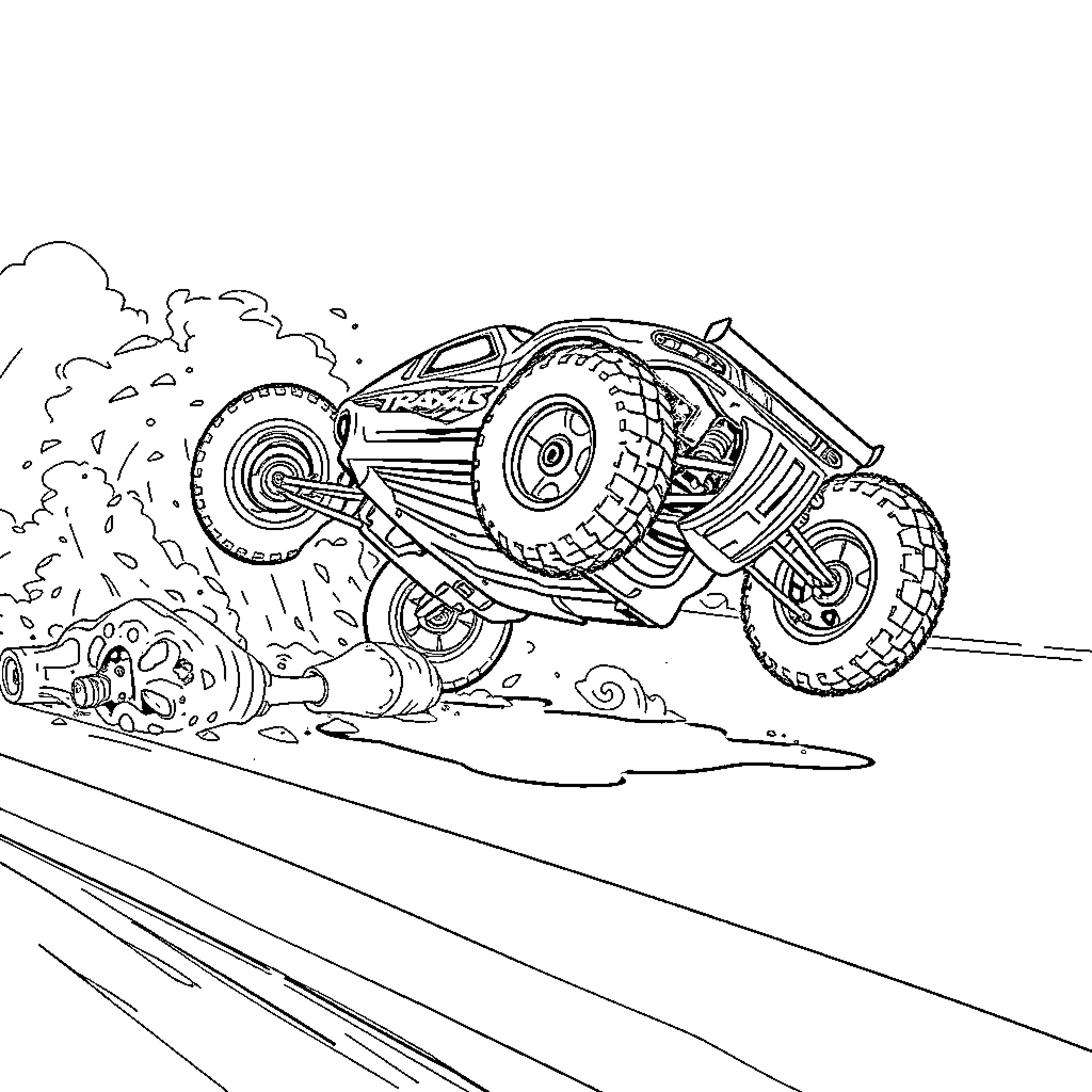 RC Car racing through dirt and mud Coloring Page (free black-and-white line drawing printable PDF for all, from beginners to advanced learners, including children, teens, adults, and seniors)