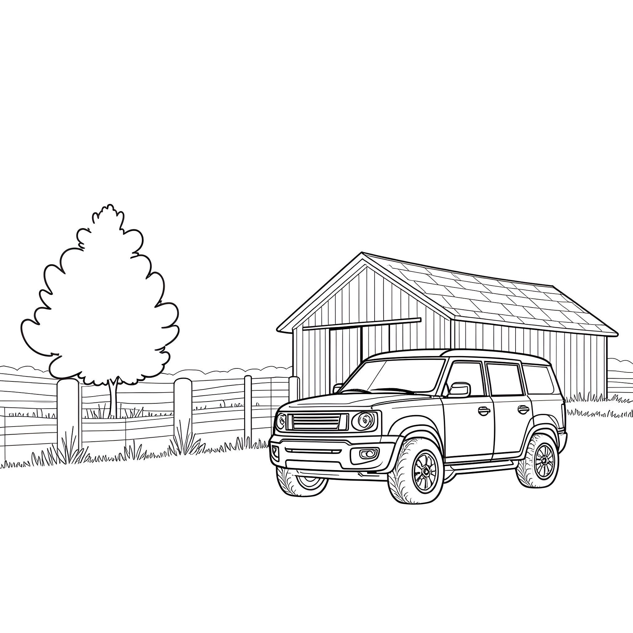 Farm 4x4 vehicle parked near a barn Coloring Page (free black-and-white line drawing printable PDF for all, from beginners to advanced learners, including children, teens, adults, and seniors)