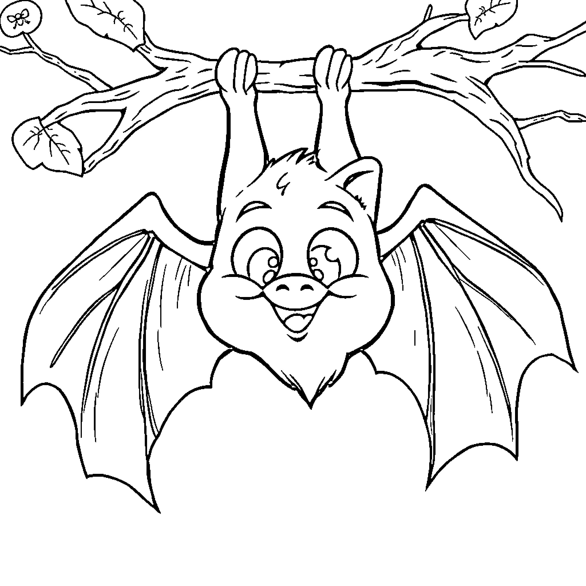 Bat hanging upside down on tree branch Coloring Page (free black-and-white line drawing printable PDF for all, from beginners to advanced learners, including children, teens, adults, and seniors)