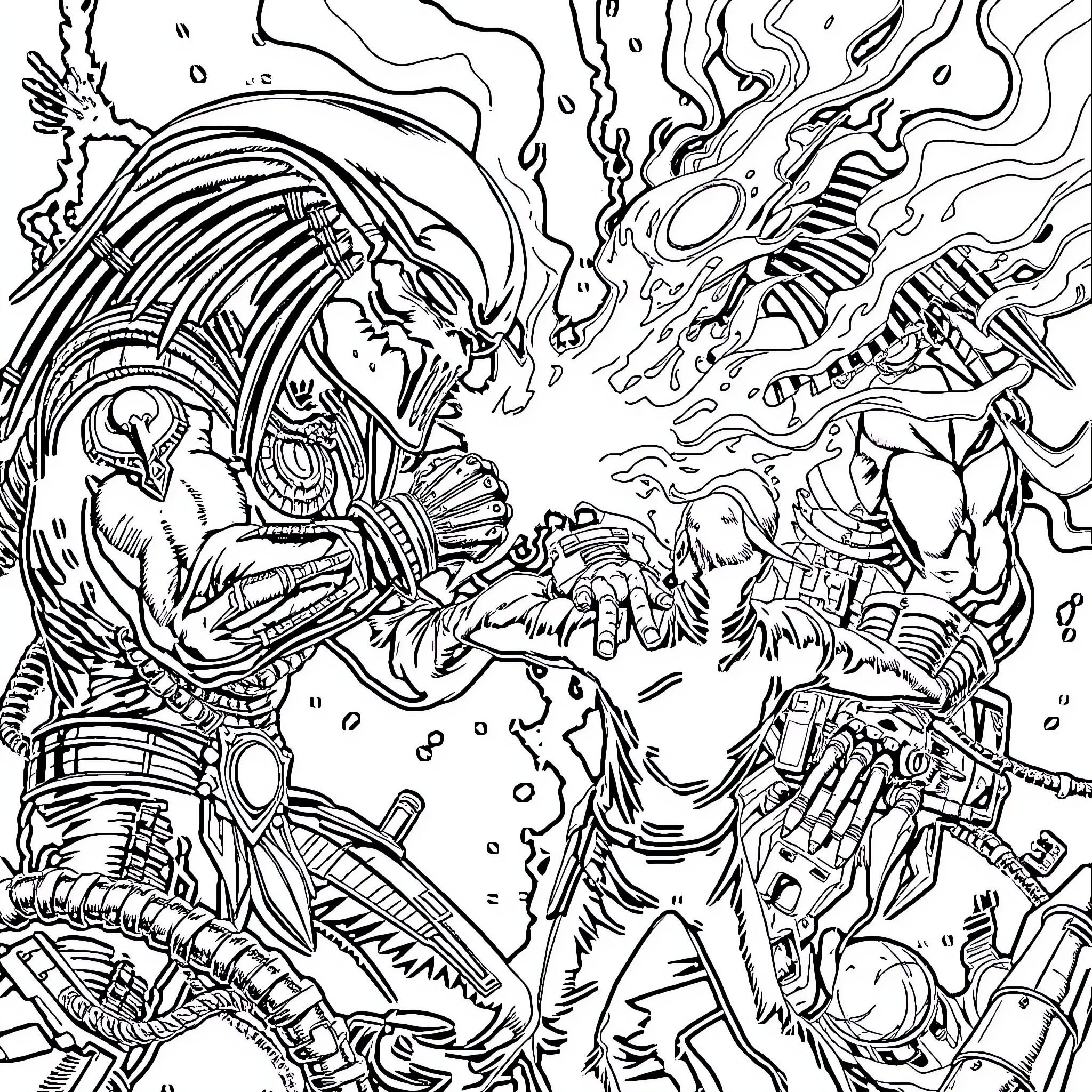 Ash's Ominous Encounter with Powerful Otherworldly Beings Coloring Page (free black-and-white line drawing printable PDF for all, from beginners to advanced learners, including children, teens, adults, and seniors)