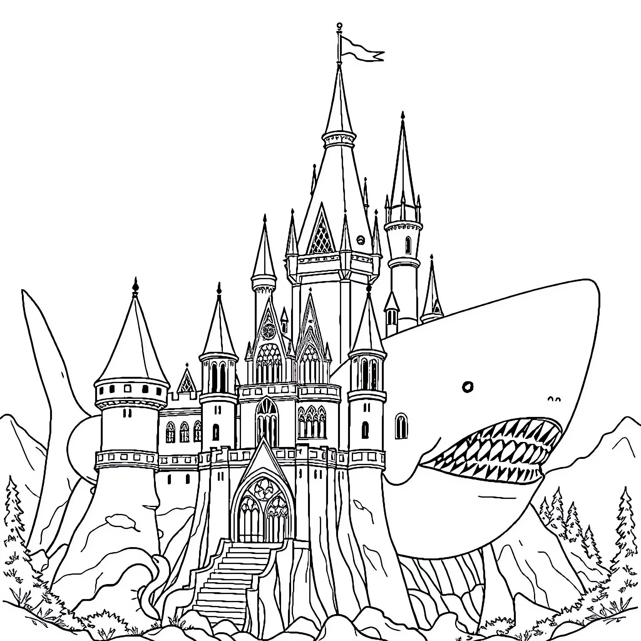Shark Castle with grand architecture and scenic landscape Coloring Page (free black-and-white line drawing printable PDF for all, from beginners to advanced learners, including children, teens, adults, and seniors)