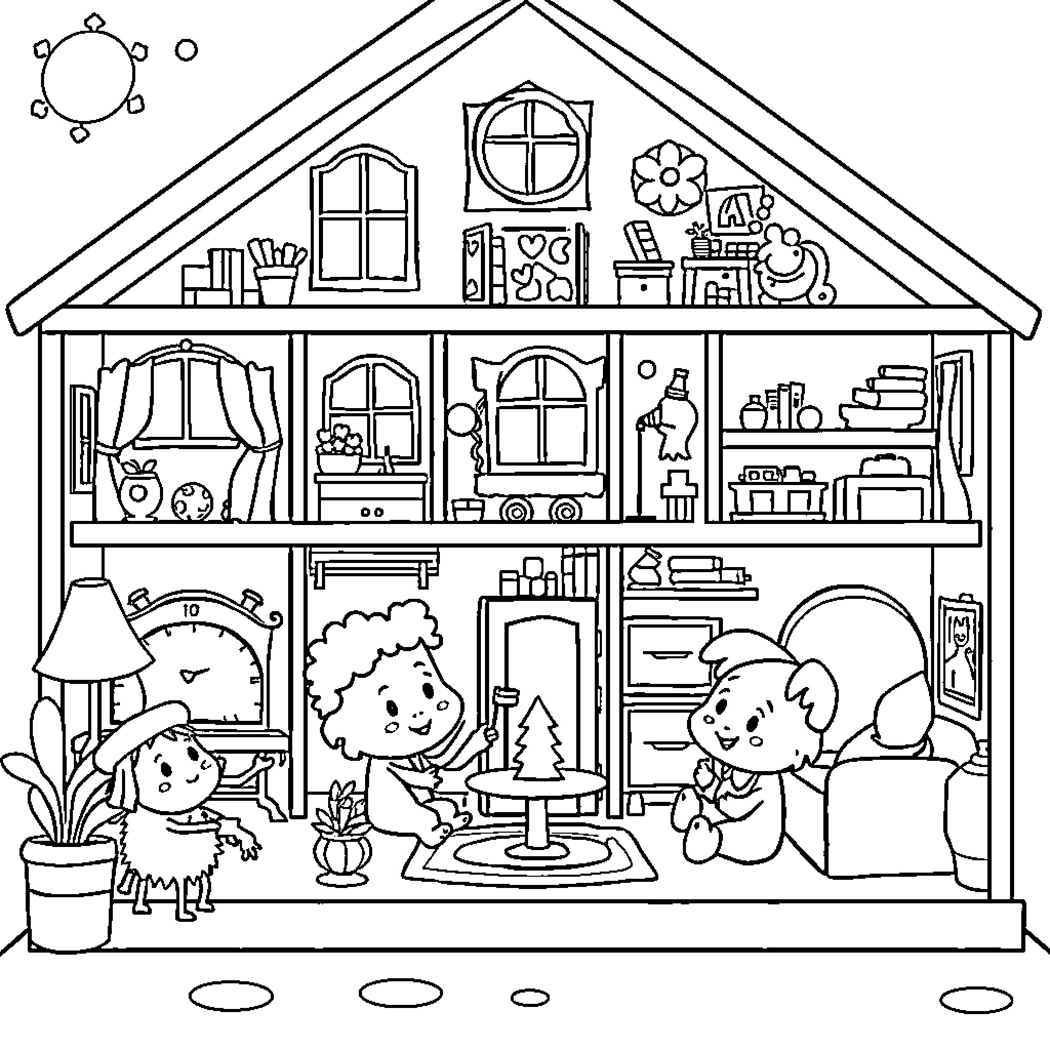 Gabby Dollhouse: Family Playing and Exploring the Cozy Home Coloring Page (free black-and-white line drawing printable PDF for all, from beginners to advanced learners, including children, teens, adults, and seniors)