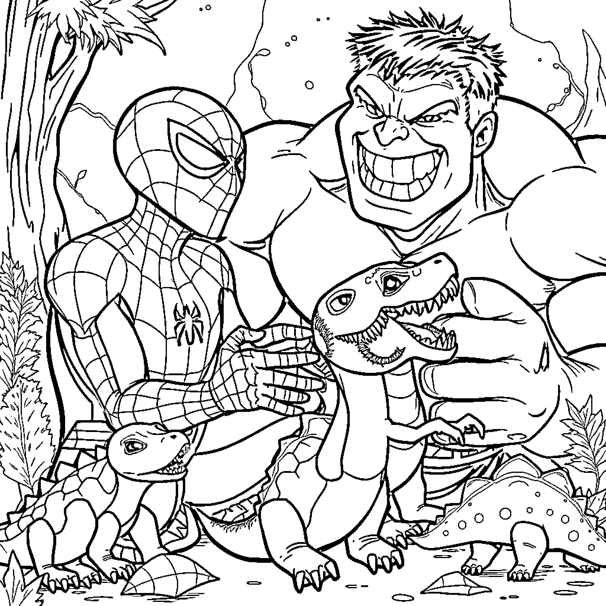 Spiderman battles Hulk and dinosaurs in an action-packed scene Coloring Page (free black-and-white line drawing printable PDF for all, from beginners to advanced learners, including children, teens, adults, and seniors)