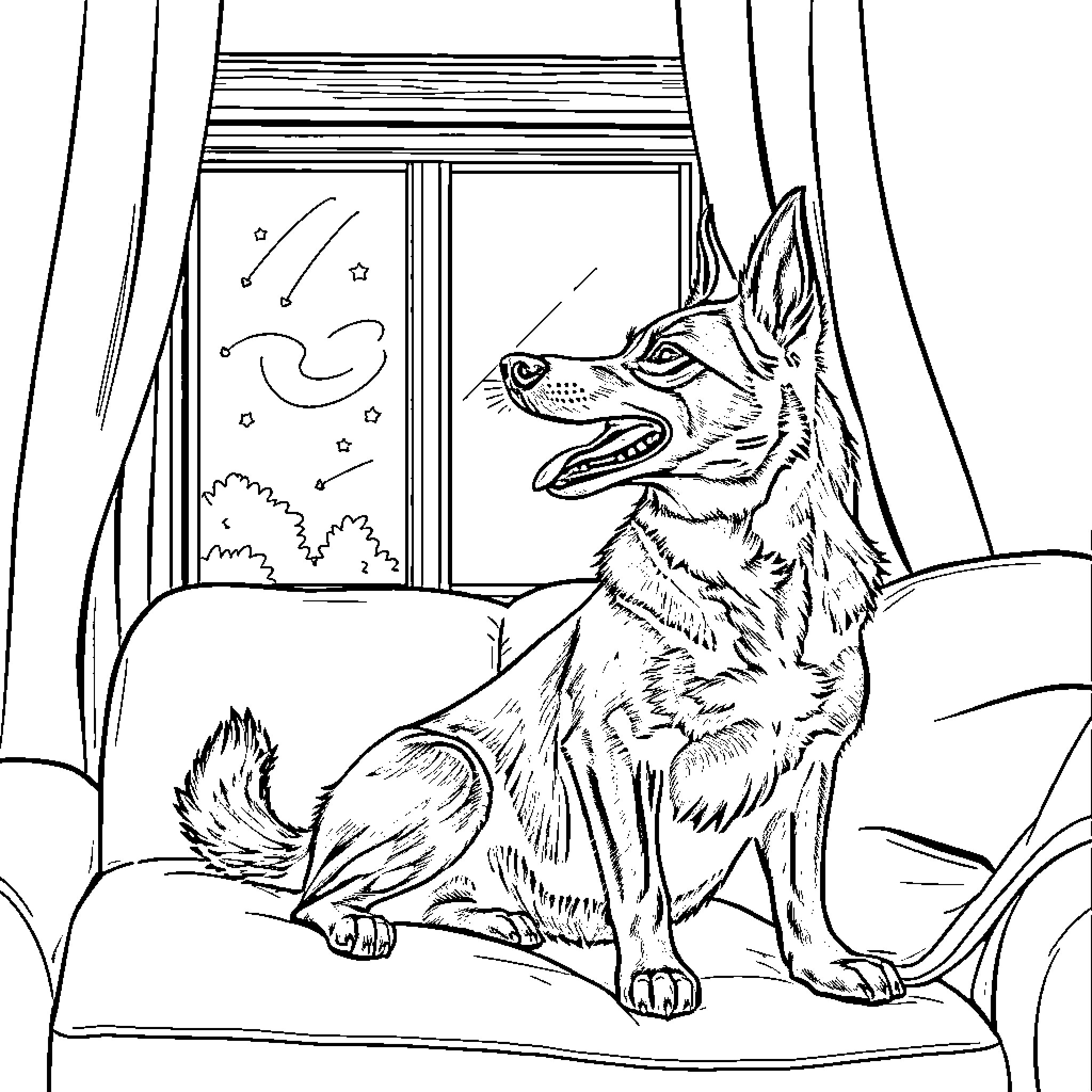 Dog gazing out of window during snowy night Coloring Page (free black-and-white line drawing printable PDF for all, from beginners to advanced learners, including children, teens, adults, and seniors)