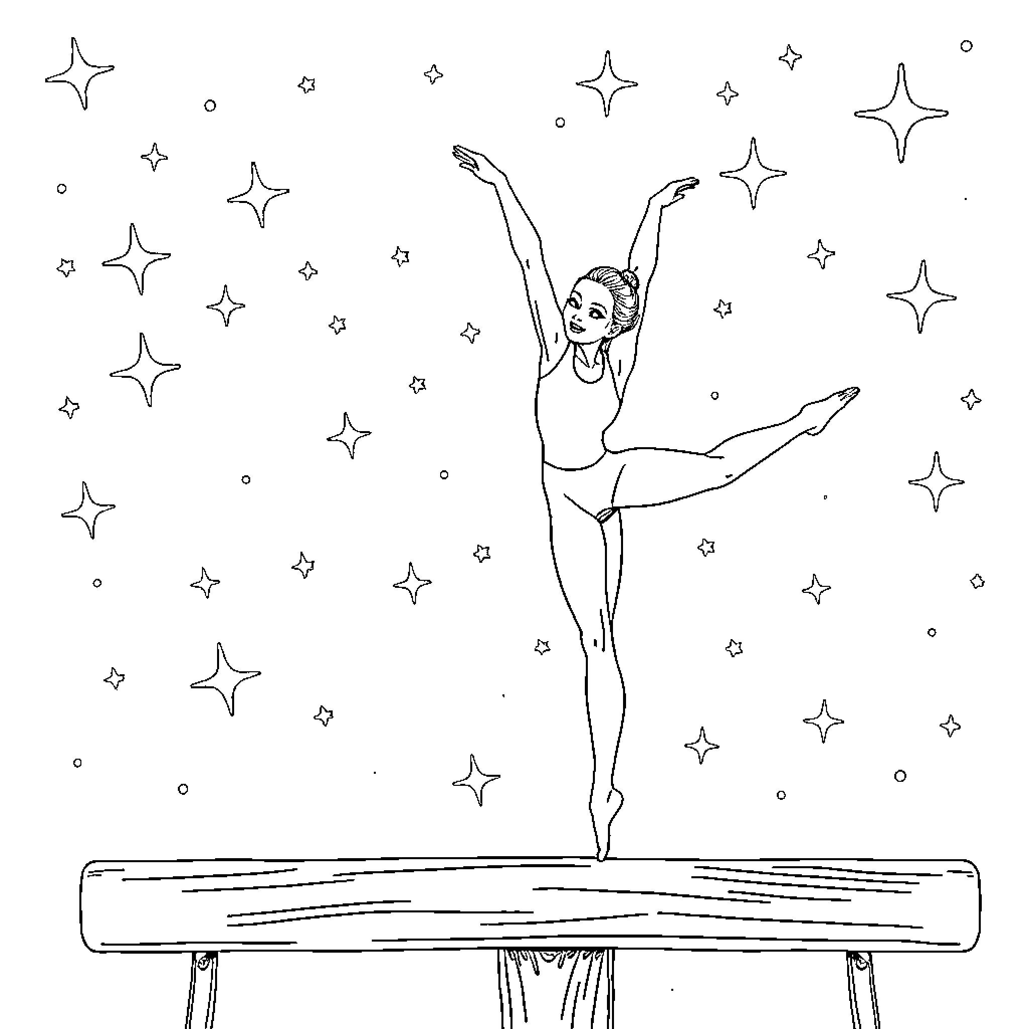 Gymnast performing graceful dance on beam Coloring Page (free black-and-white line drawing printable PDF for all, from beginners to advanced learners, including children, teens, adults, and seniors)
