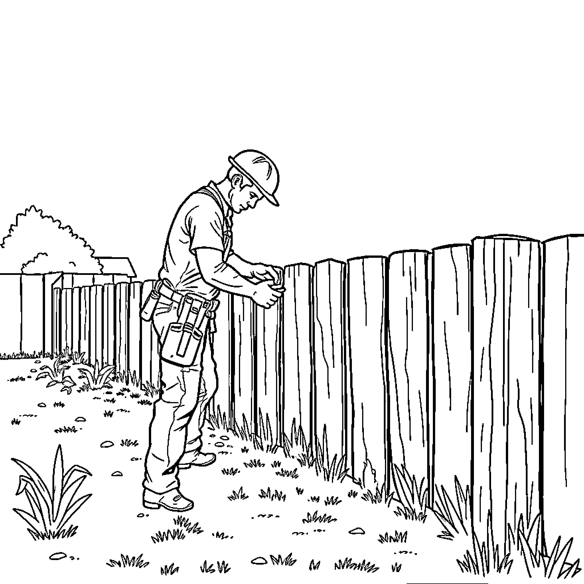 Fence Worker Fixing Wooden Panels in the Yard Coloring Page (free black-and-white line drawing printable PDF for all, from beginners to advanced learners, including children, teens, adults, and seniors)