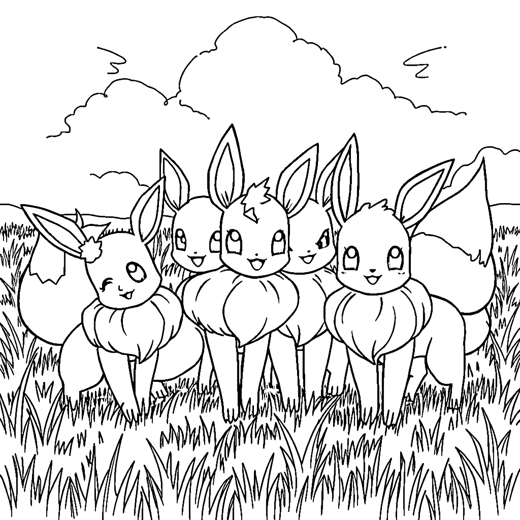 Pokémon characters playing happily in the grass Coloring Page (free black-and-white line drawing printable PDF for all, from beginners to advanced learners, including children, teens, adults, and seniors)