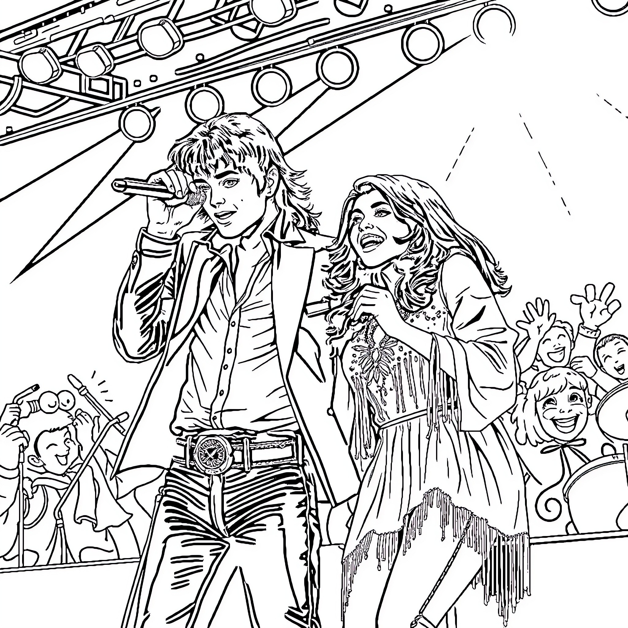 Michael Jackson and Dolly Parton performing together on stage Coloring Page (free black-and-white line drawing printable PDF for all, from beginners to advanced learners, including children, teens, adults, and seniors)