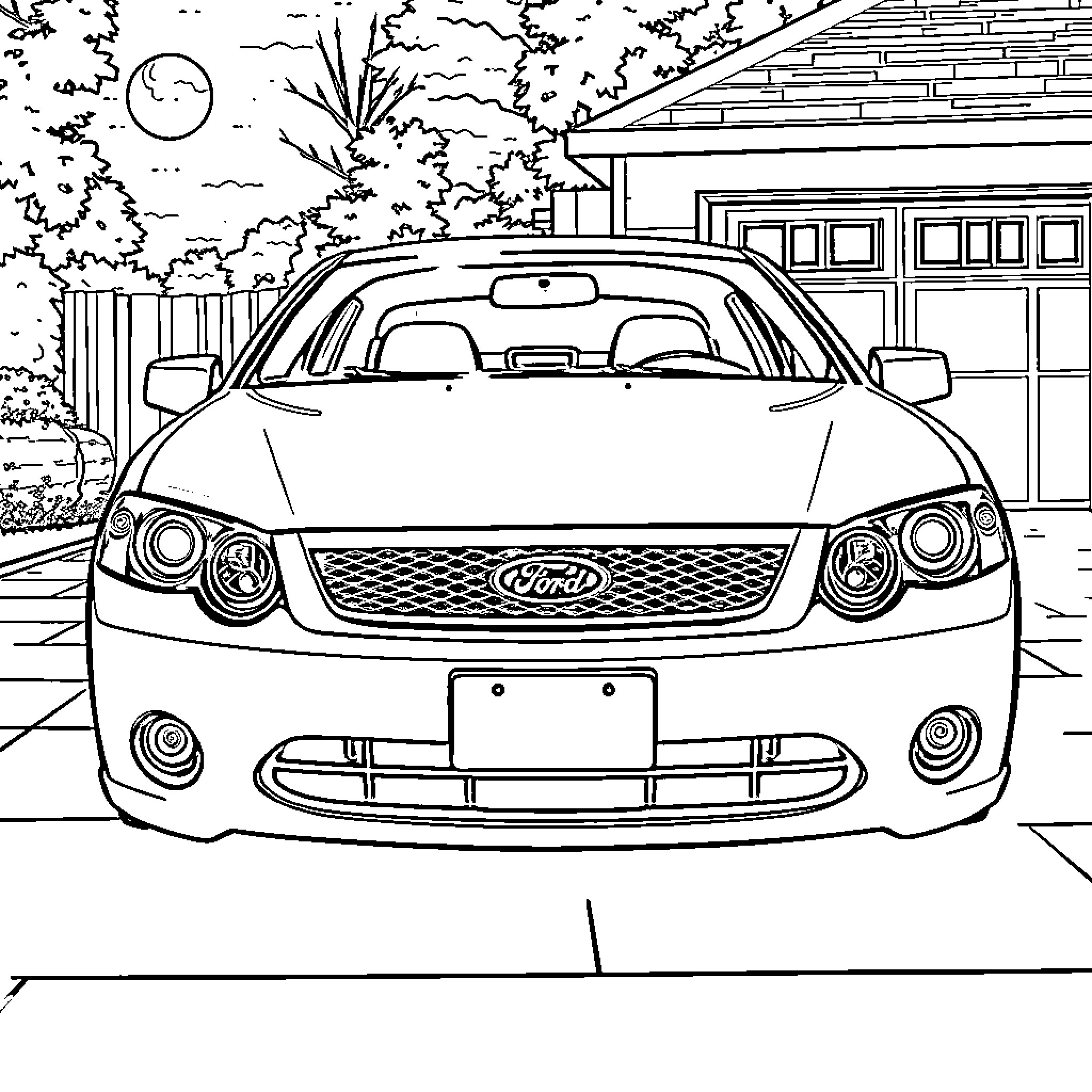 Ford Falcon parked in front of a house Coloring Page (free black-and-white line drawing printable PDF for all, from beginners to advanced learners, including children, teens, adults, and seniors)