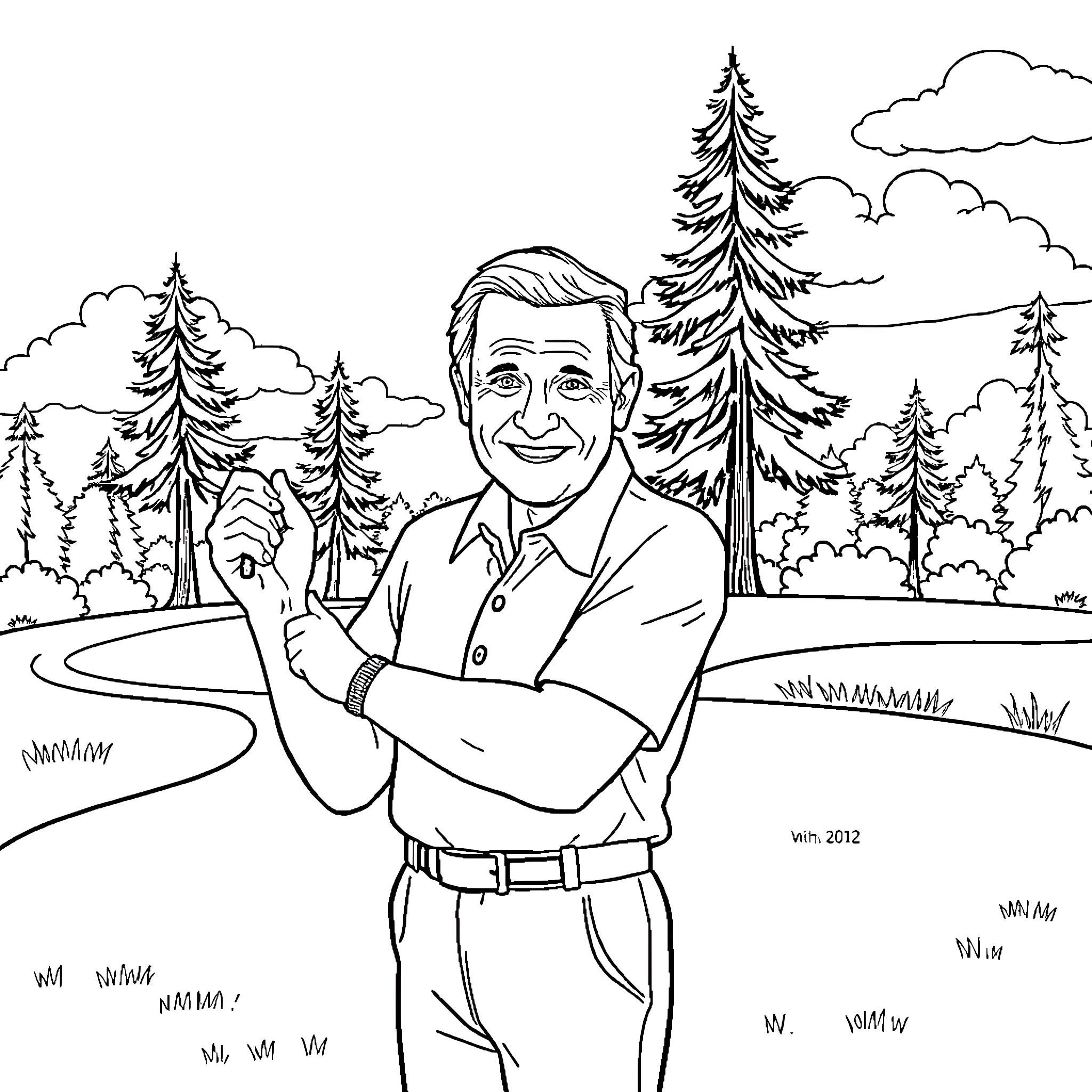 Bob Barker smiling outdoors in a forested landscape Coloring Page (free black-and-white line drawing printable PDF for all, from beginners to advanced learners, including children, teens, adults, and seniors)