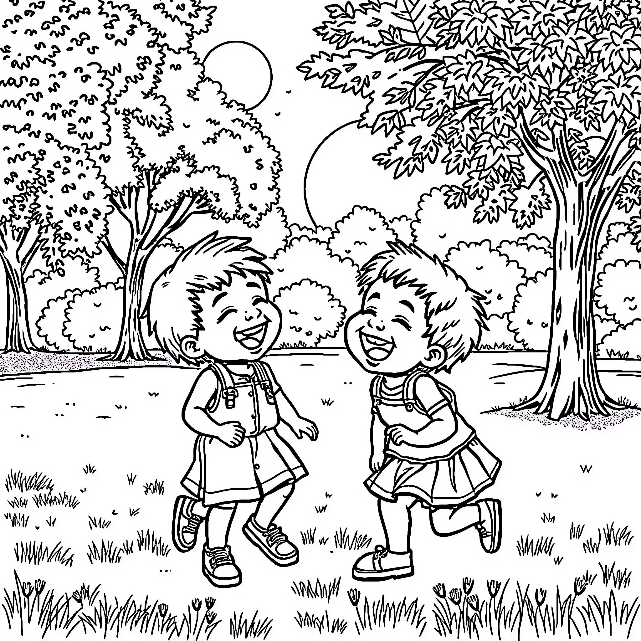 Cat children playing in the park Coloring Page (free black-and-white line drawing printable PDF for all, from beginners to advanced learners, including children, teens, adults, and seniors)