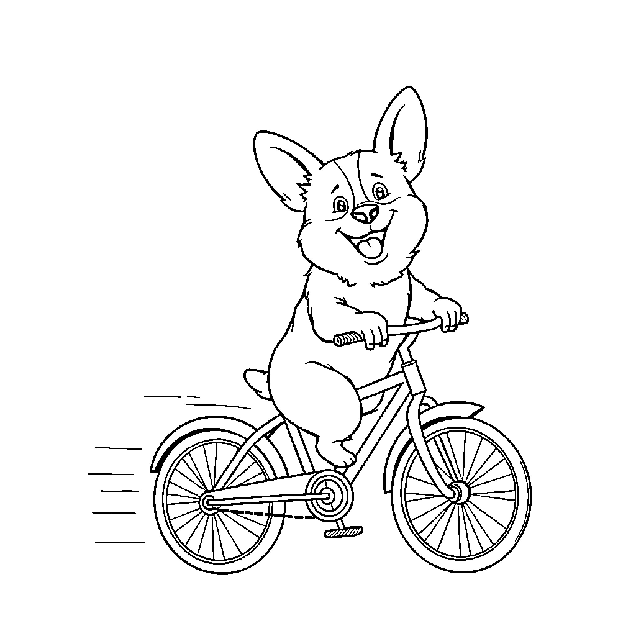 Corgi riding a bicycle with joy Coloring Page (free black-and-white line drawing printable PDF for all, from beginners to advanced learners, including children, teens, adults, and seniors)