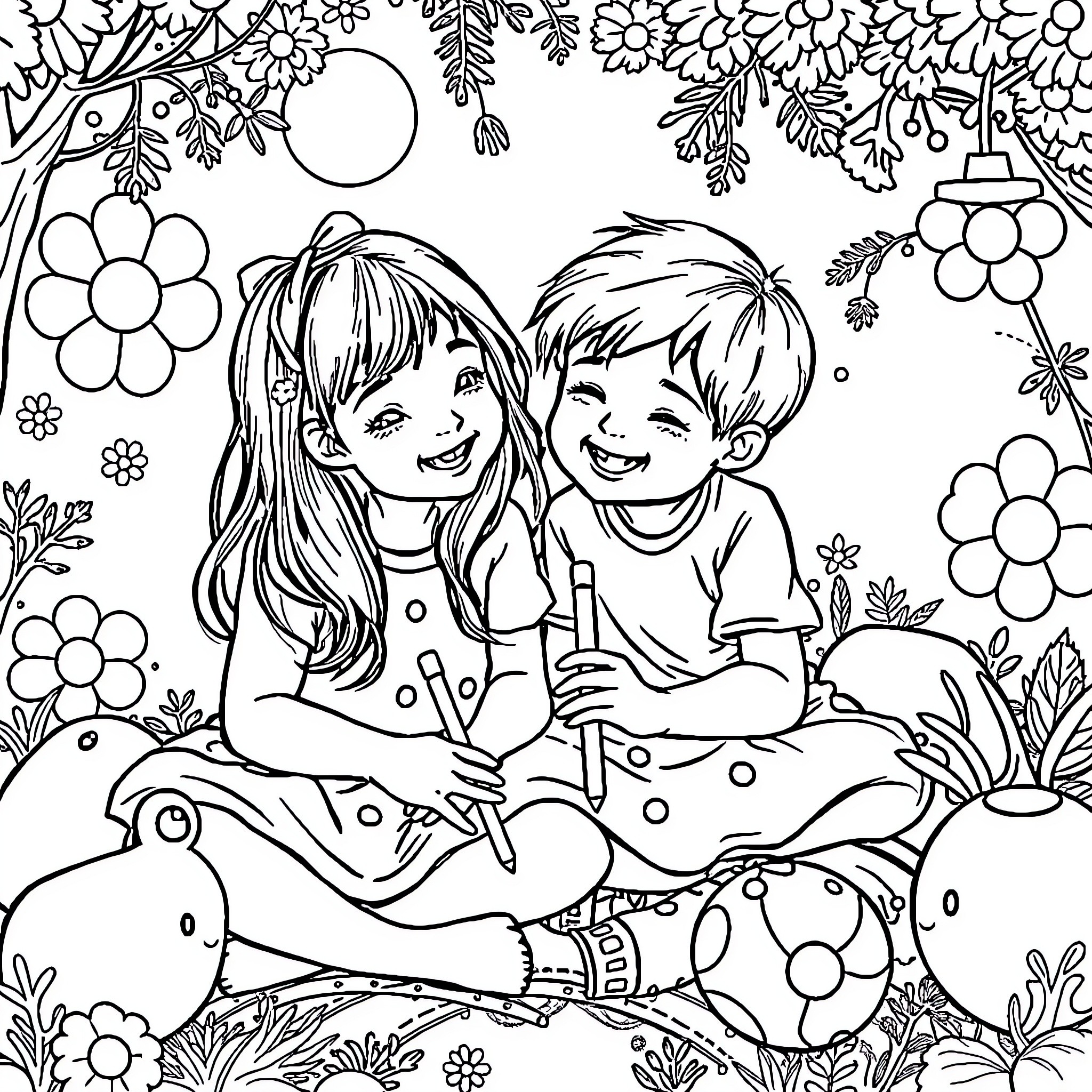 Sibling Enjoying Outdoor Playtime in Nature Coloring Page (free black-and-white line drawing printable PDF for all, from beginners to advanced learners, including children, teens, adults, and seniors)
