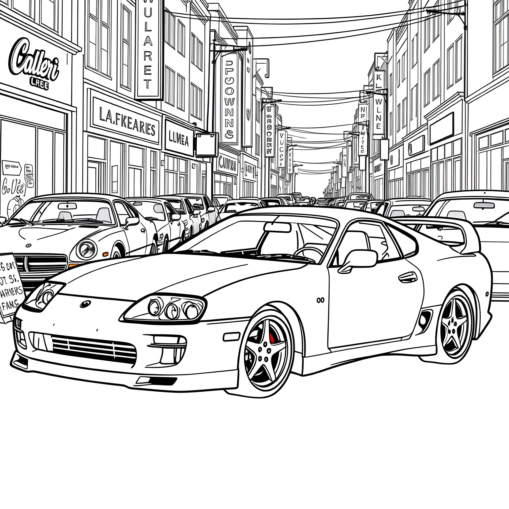 Supra speeding through the busy city street Coloring Page (free black-and-white line drawing printable PDF for all, from beginners to advanced learners, including children, teens, adults, and seniors)