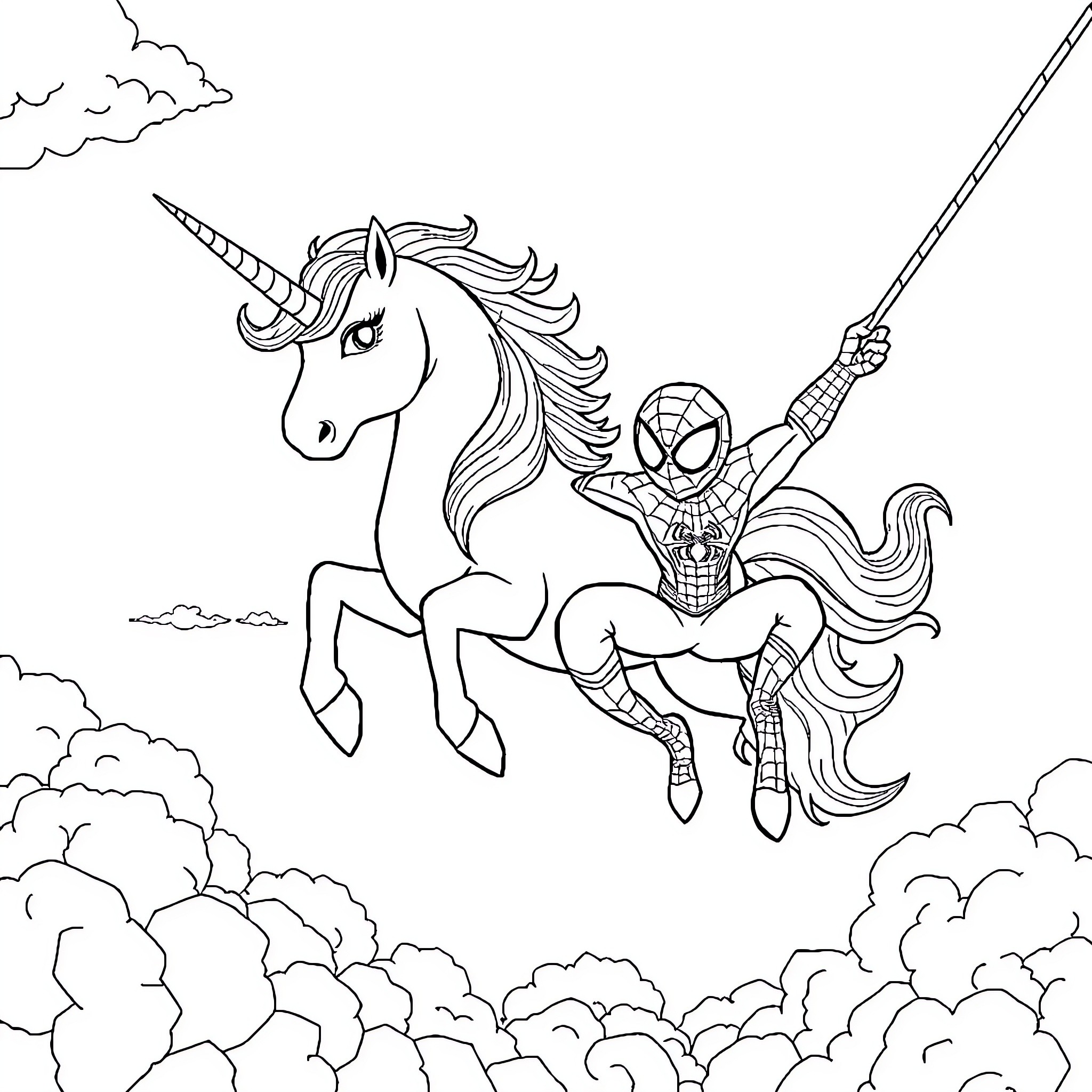 Unicorn and Spiderman flying together through the clouds Coloring Page (free black-and-white line drawing printable PDF for all, from beginners to advanced learners, including children, teens, adults, and seniors)