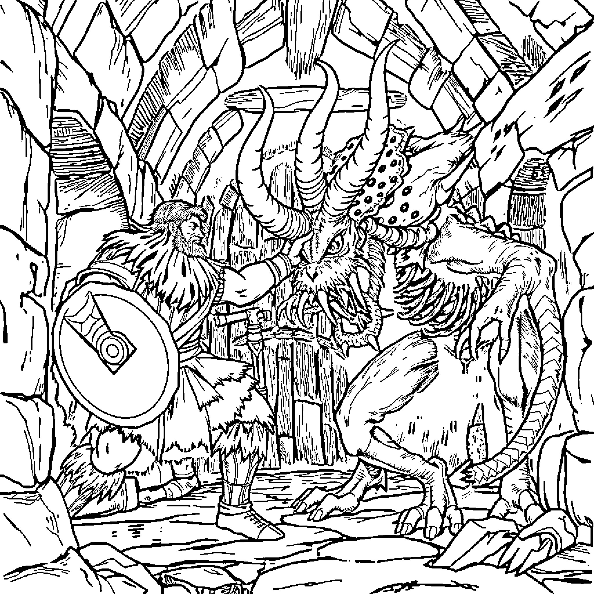Beowulf Battles the Monstrous Grendel in a Perilous Cavern Coloring Page (free black-and-white line drawing printable PDF for all, from beginners to advanced learners, including children, teens, adults, and seniors)