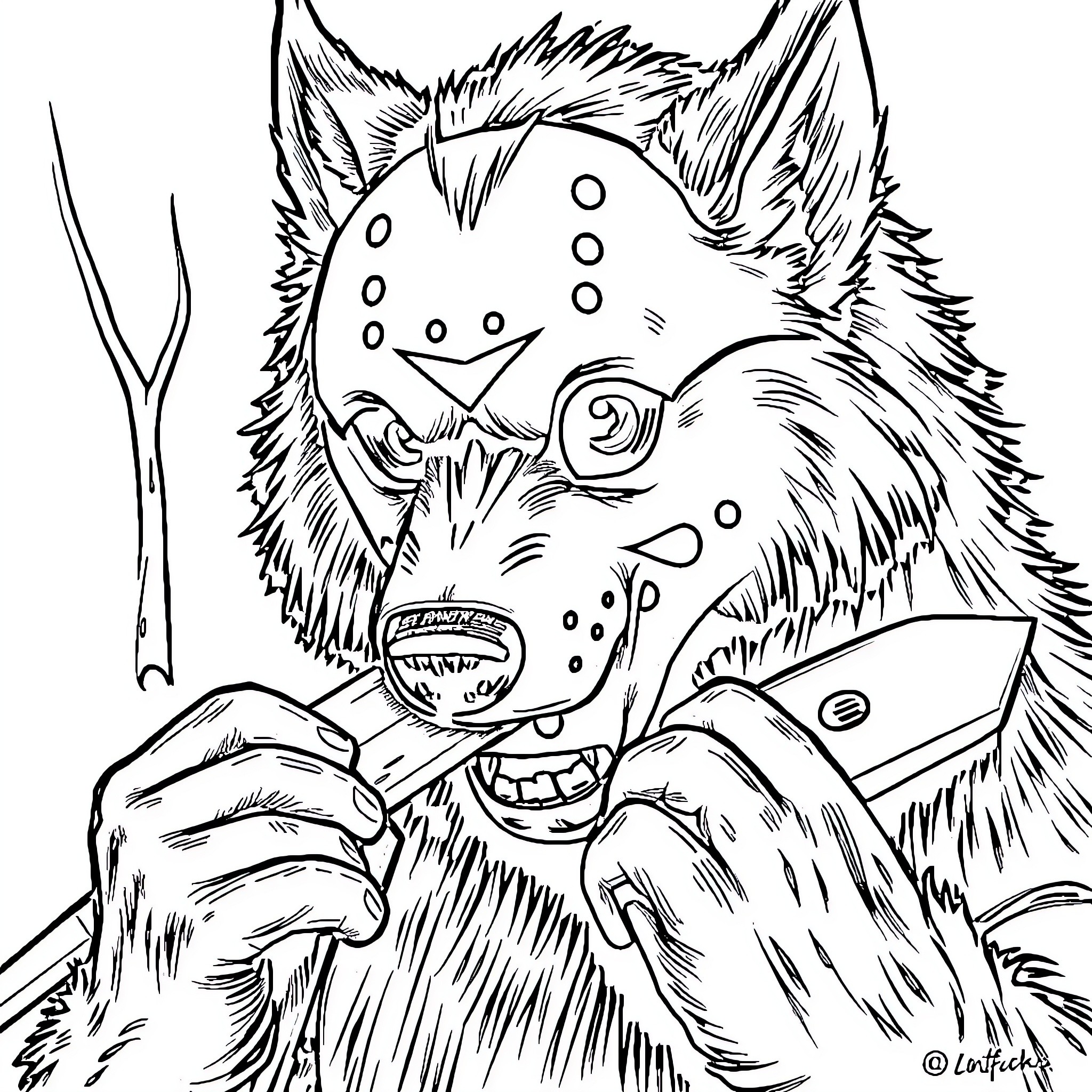 Husky monster with mischievous expression Coloring Page (free black-and-white line drawing printable PDF for all, from beginners to advanced learners, including children, teens, adults, and seniors)