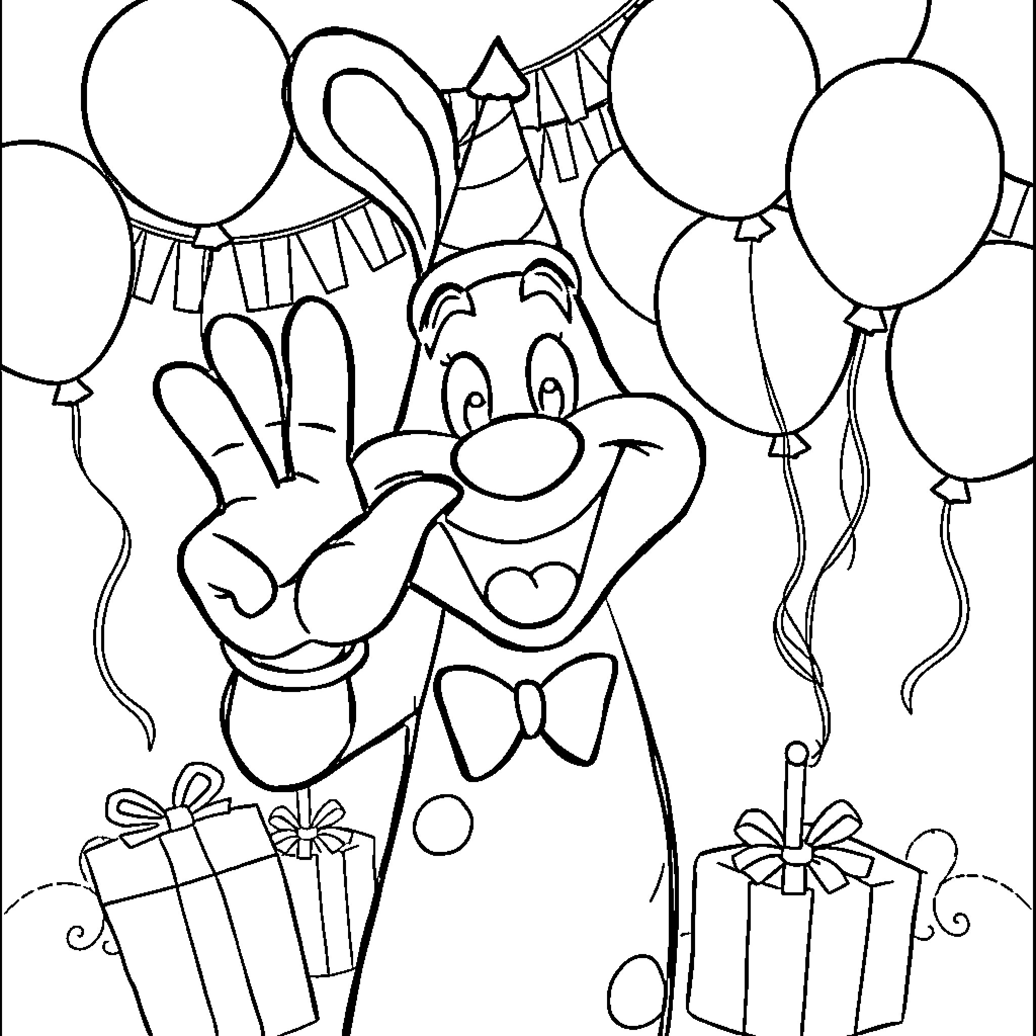 Chuck E. Cheese celebrating with balloons and gifts Coloring Page (free black-and-white line drawing printable PDF for all, from beginners to advanced learners, including children, teens, adults, and seniors)