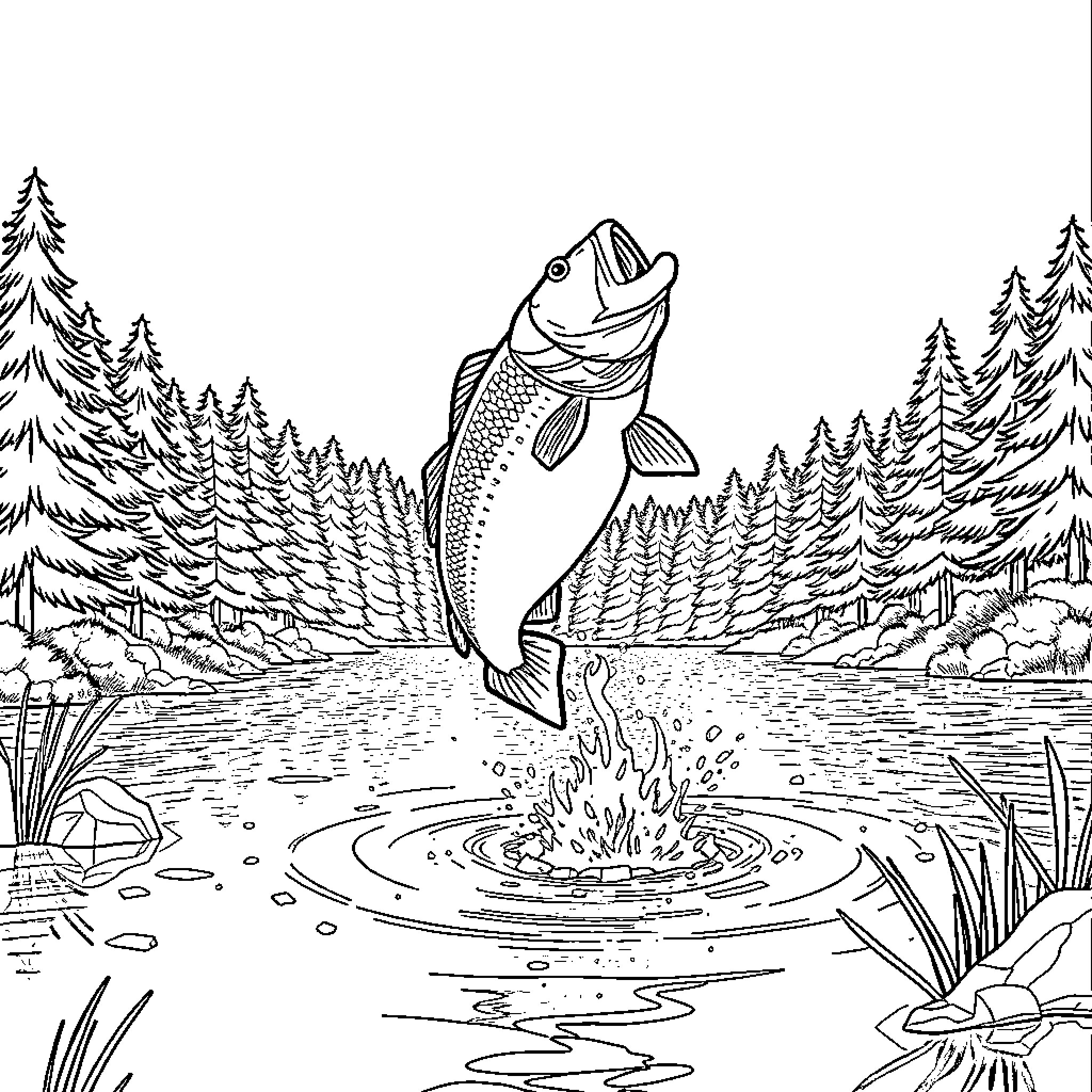 Fish leaping from the lake in a forest landscape Coloring Page (free black-and-white line drawing printable PDF for all, from beginners to advanced learners, including children, teens, adults, and seniors)