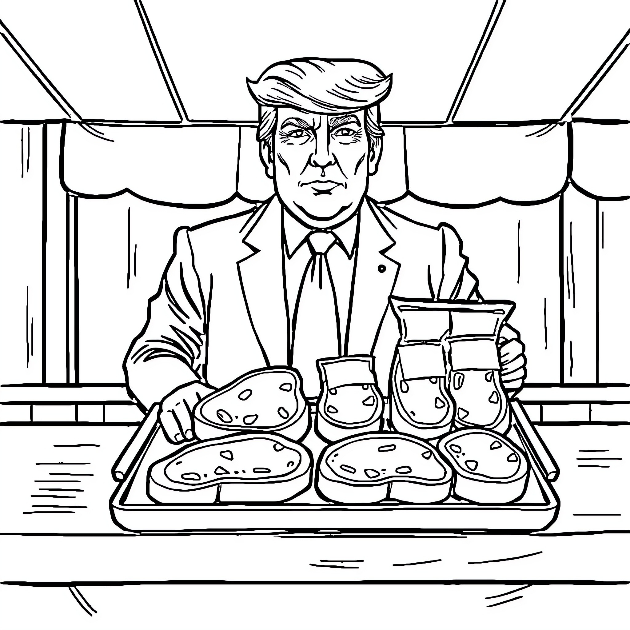 Trump Serving Fast Food in the White House Coloring Page (free black-and-white line drawing printable PDF for all, from beginners to advanced learners, including children, teens, adults, and seniors)