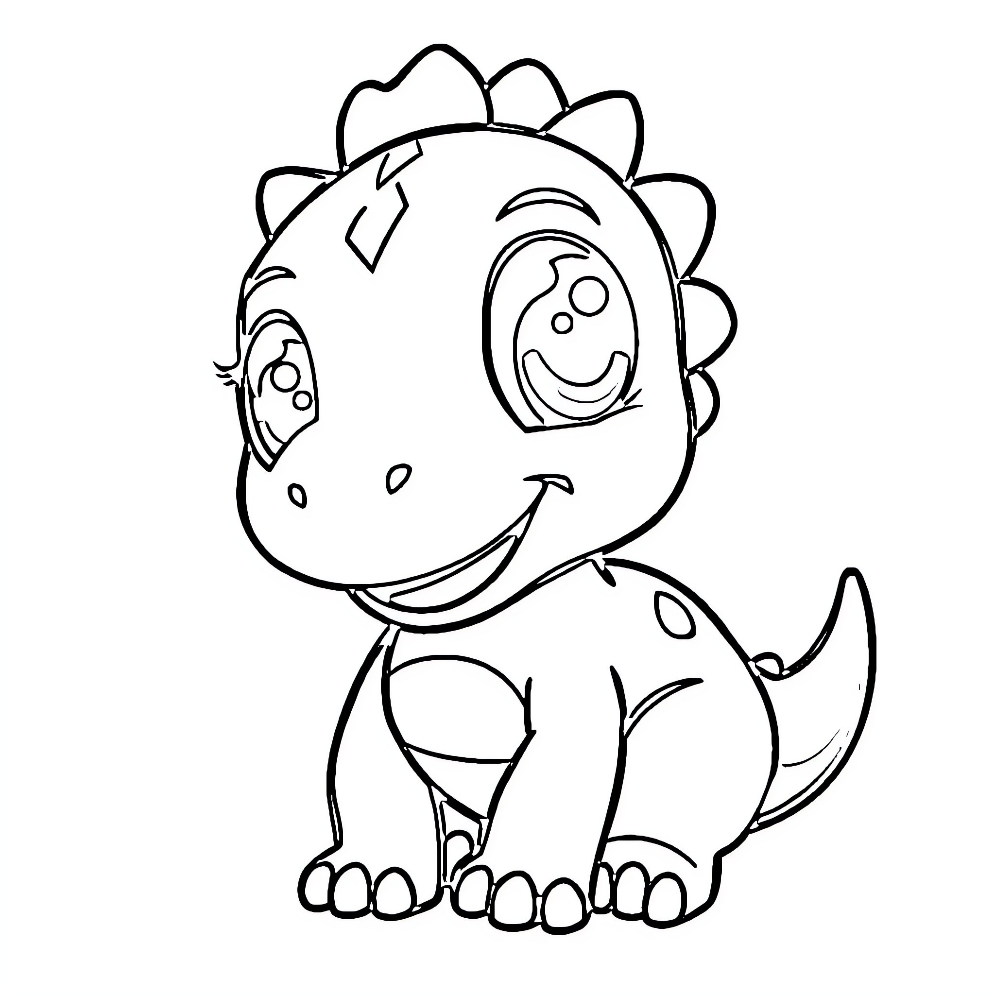 Dinosaur happily smiling and playing Coloring Page (free black-and-white line drawing printable PDF for all, from beginners to advanced learners, including children, teens, adults, and seniors)