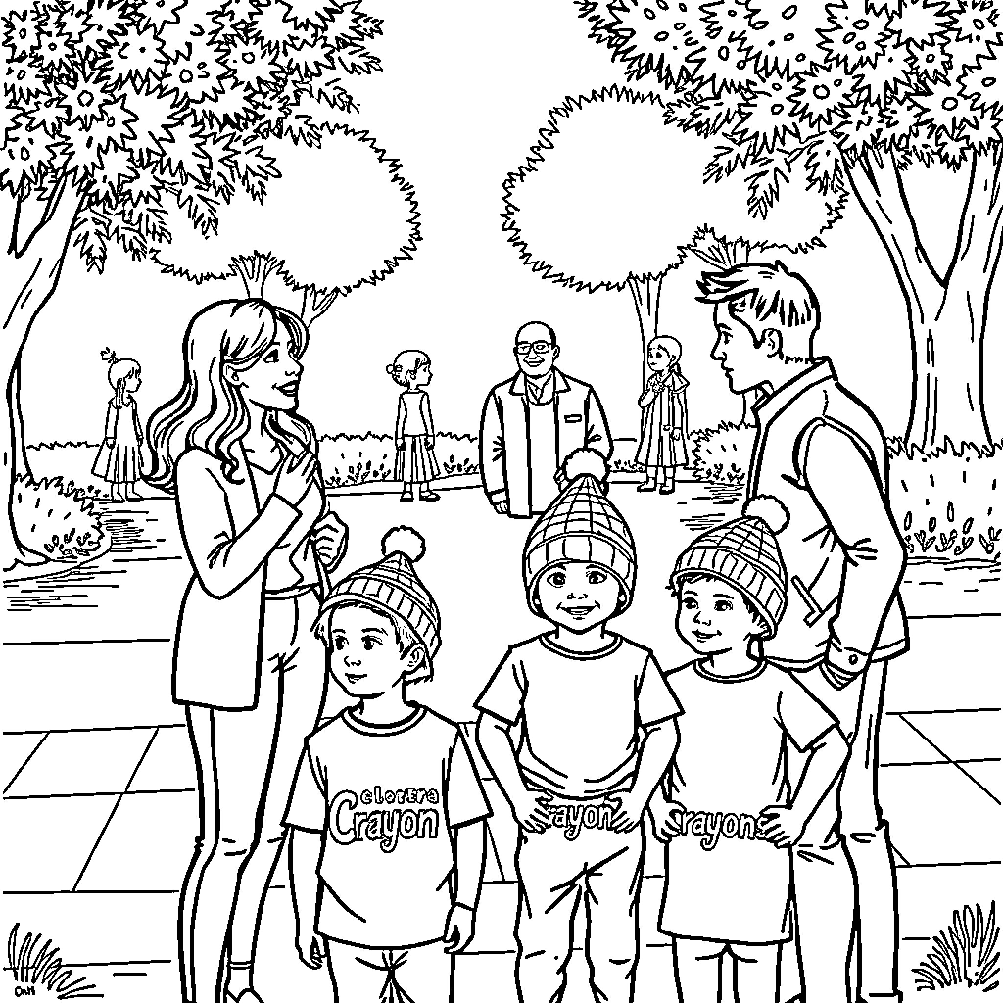 Person group enjoying an outdoor gathering in the park Coloring Page (free black-and-white line drawing printable PDF for all, from beginners to advanced learners, including children, teens, adults, and seniors)