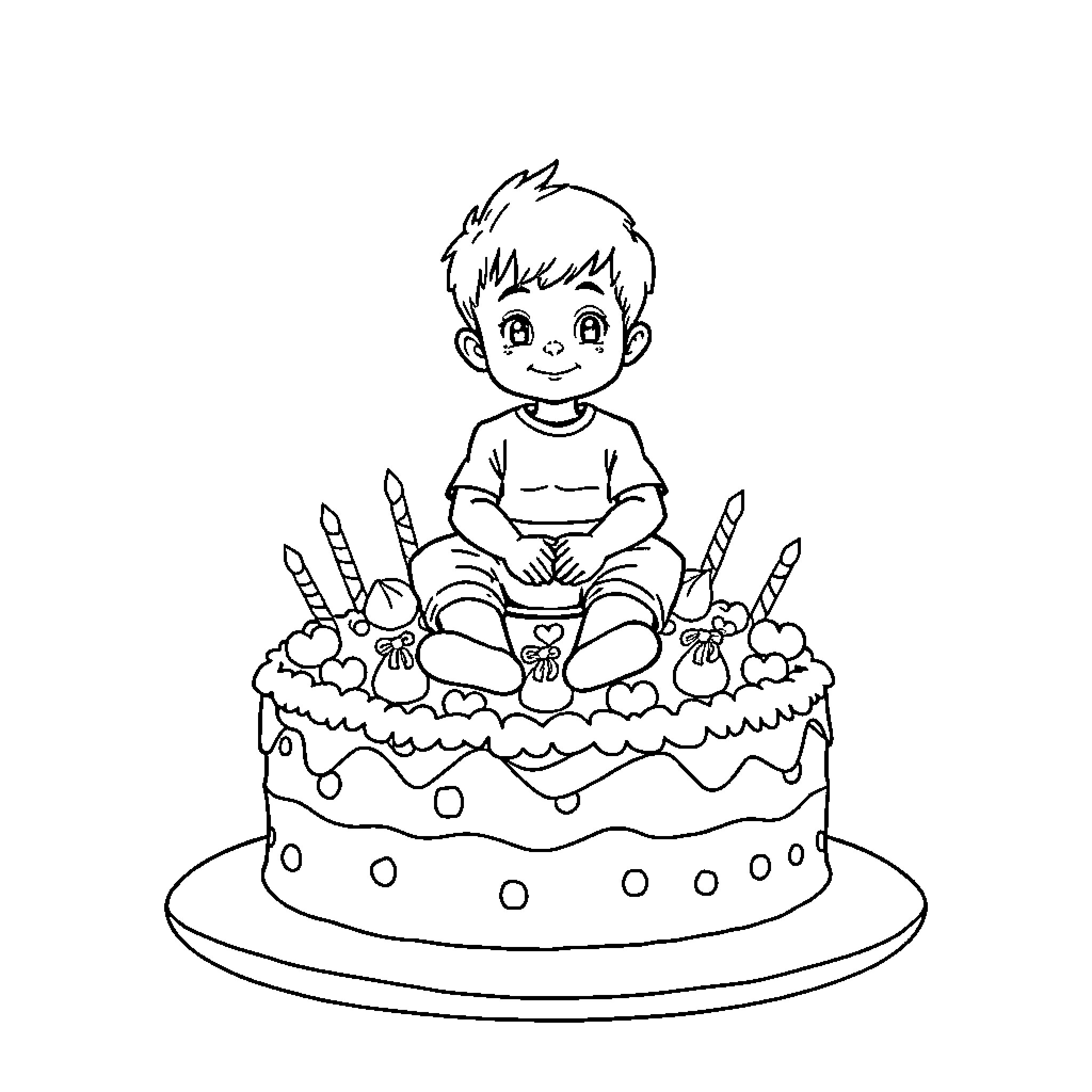Boy sitting on a birthday cake with candles Coloring Page (free black-and-white line drawing printable PDF for all, from beginners to advanced learners, including children, teens, adults, and seniors)