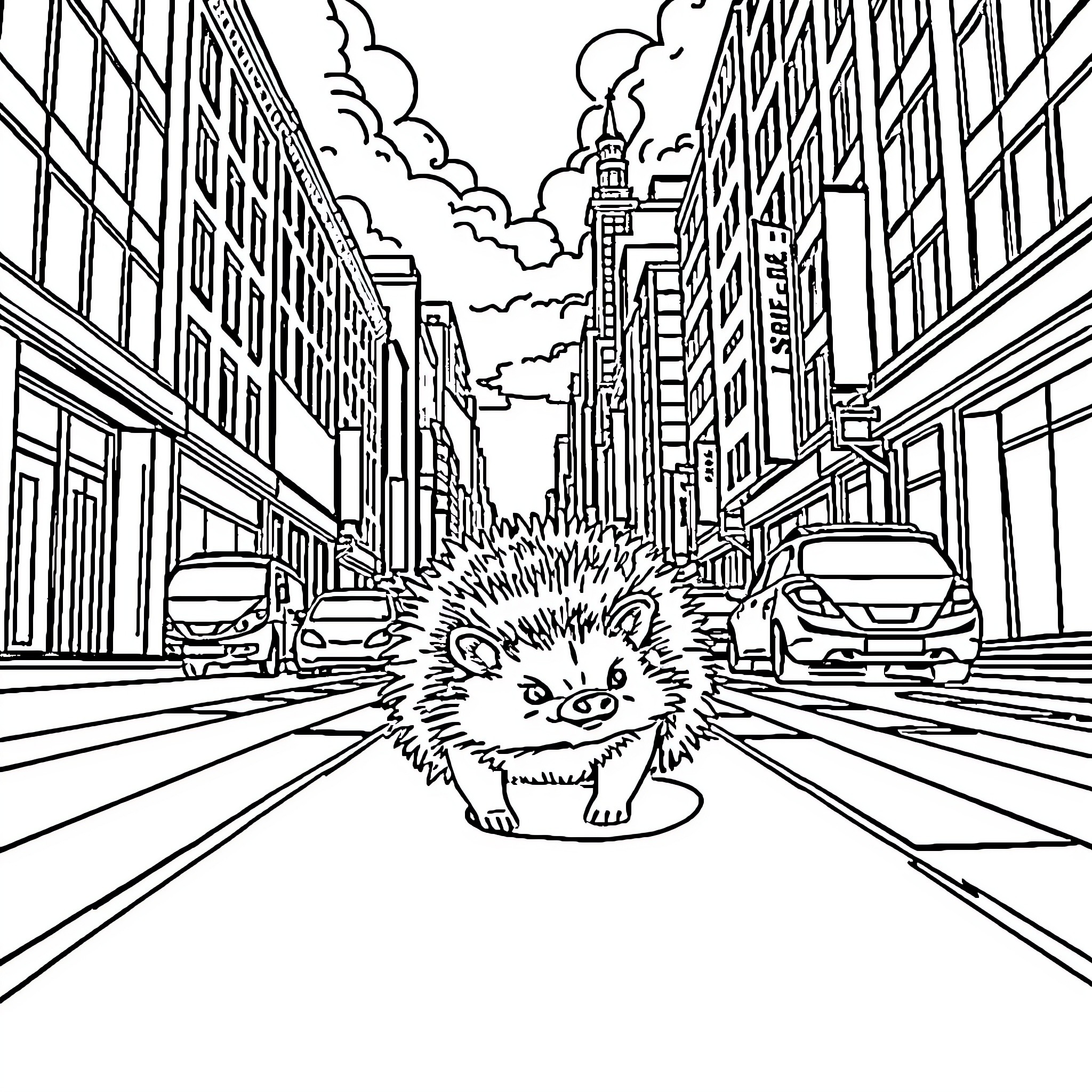 Hedgehog Crossing Busy City Street Coloring Page (free black-and-white line drawing printable PDF for all, from beginners to advanced learners, including children, teens, adults, and seniors)