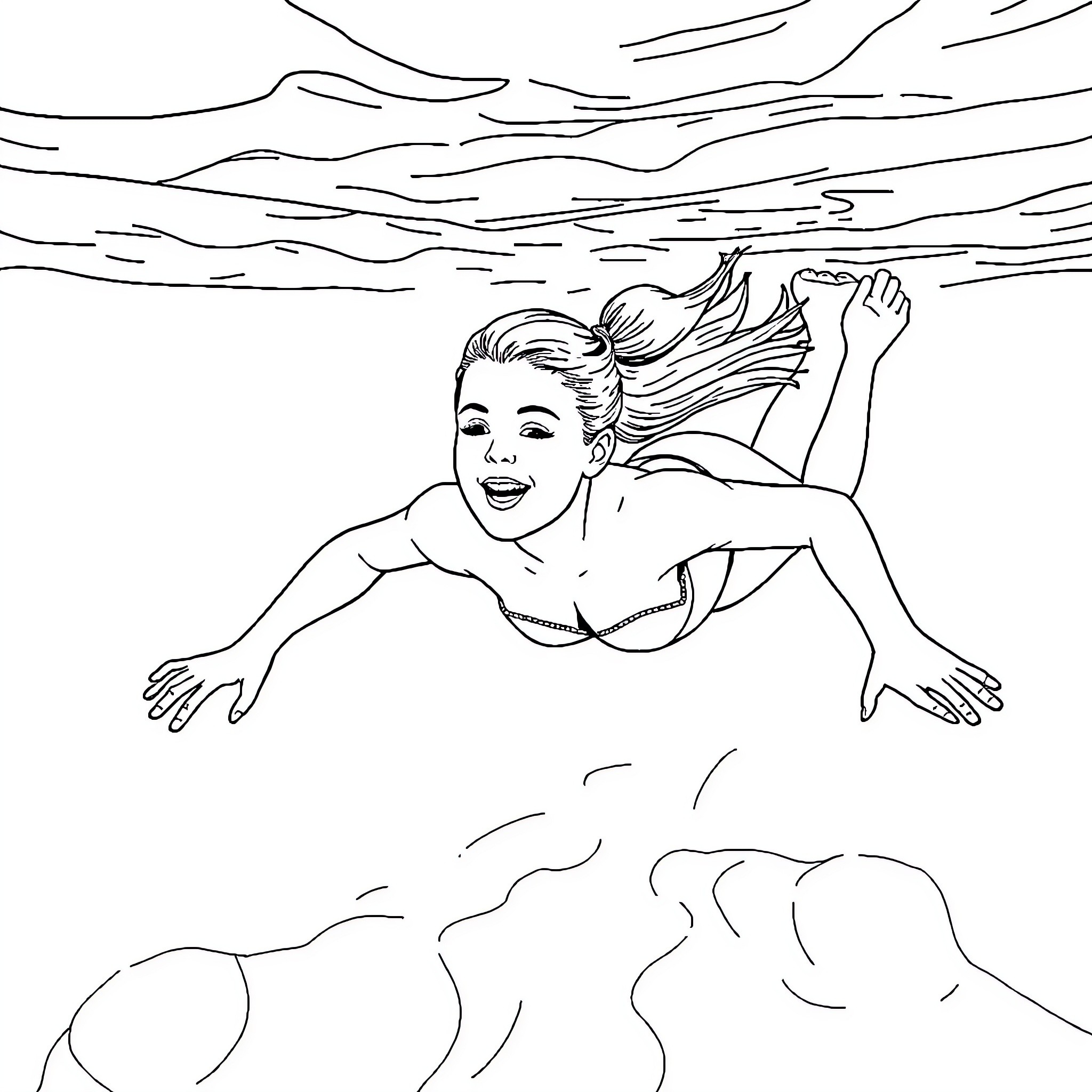 Sydney Sweeny enjoying a relaxing swim in the ocean Coloring Page (free black-and-white line drawing printable PDF for all, from beginners to advanced learners, including children, teens, adults, and seniors)