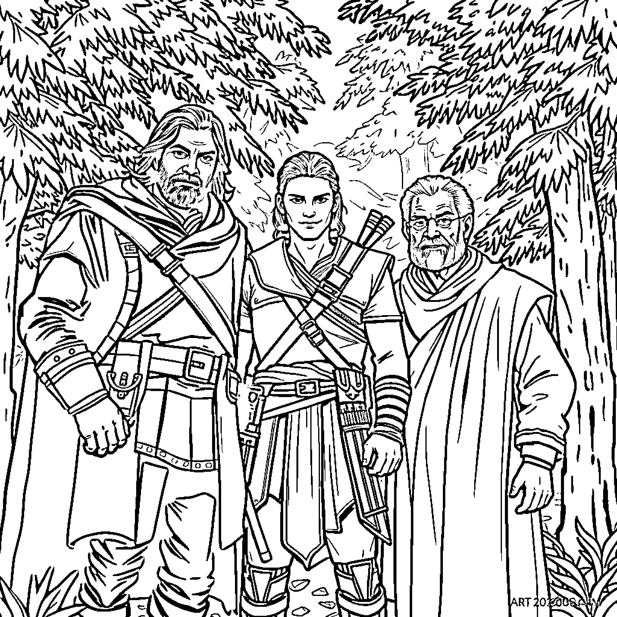 Connor Kenway's adventure with his allies in the wilderness Coloring Page (free black-and-white line drawing printable PDF for all, from beginners to advanced learners, including children, teens, adults, and seniors)