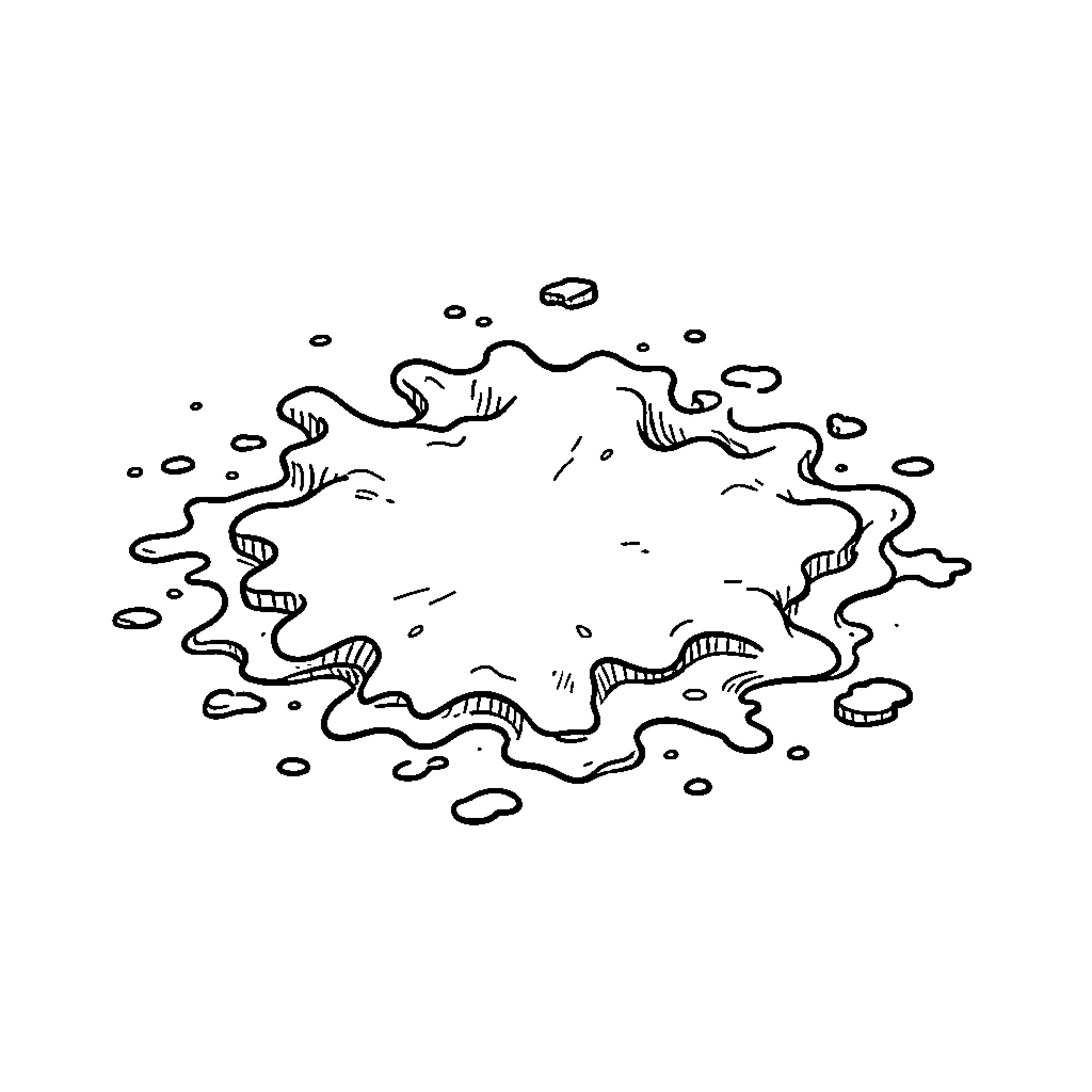 Caca liquid splash spreading across a flat surface Coloring Page (free black-and-white line drawing printable PDF for all, from beginners to advanced learners, including children, teens, adults, and seniors)