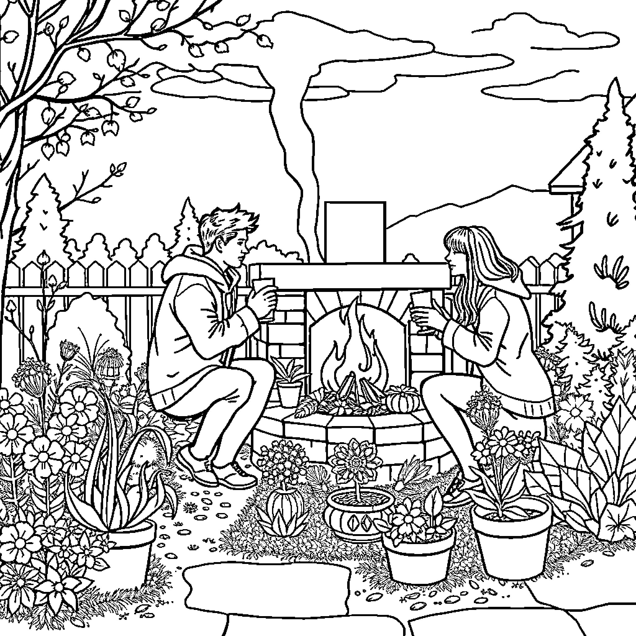 Person enjoying outdoor gathering by fireplace with companion Coloring Page (free black-and-white line drawing printable PDF for all, from beginners to advanced learners, including children, teens, adults, and seniors)