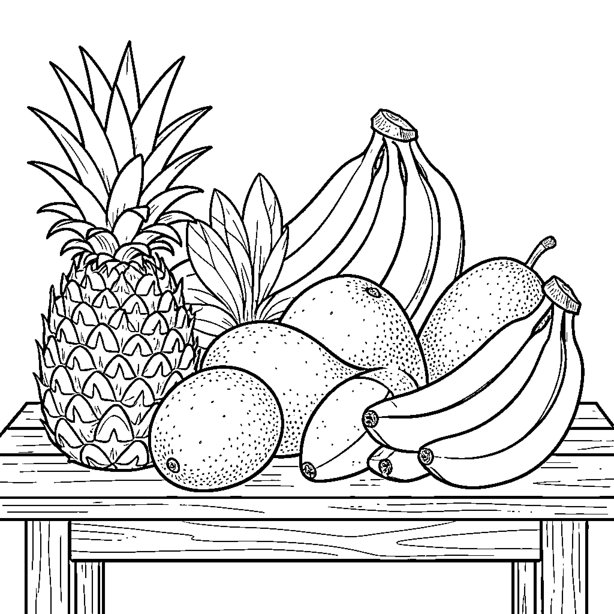 Tropical Fruit assortment sitting on a wooden table Coloring Page (free black-and-white line drawing printable PDF for all, from beginners to advanced learners, including children, teens, adults, and seniors)