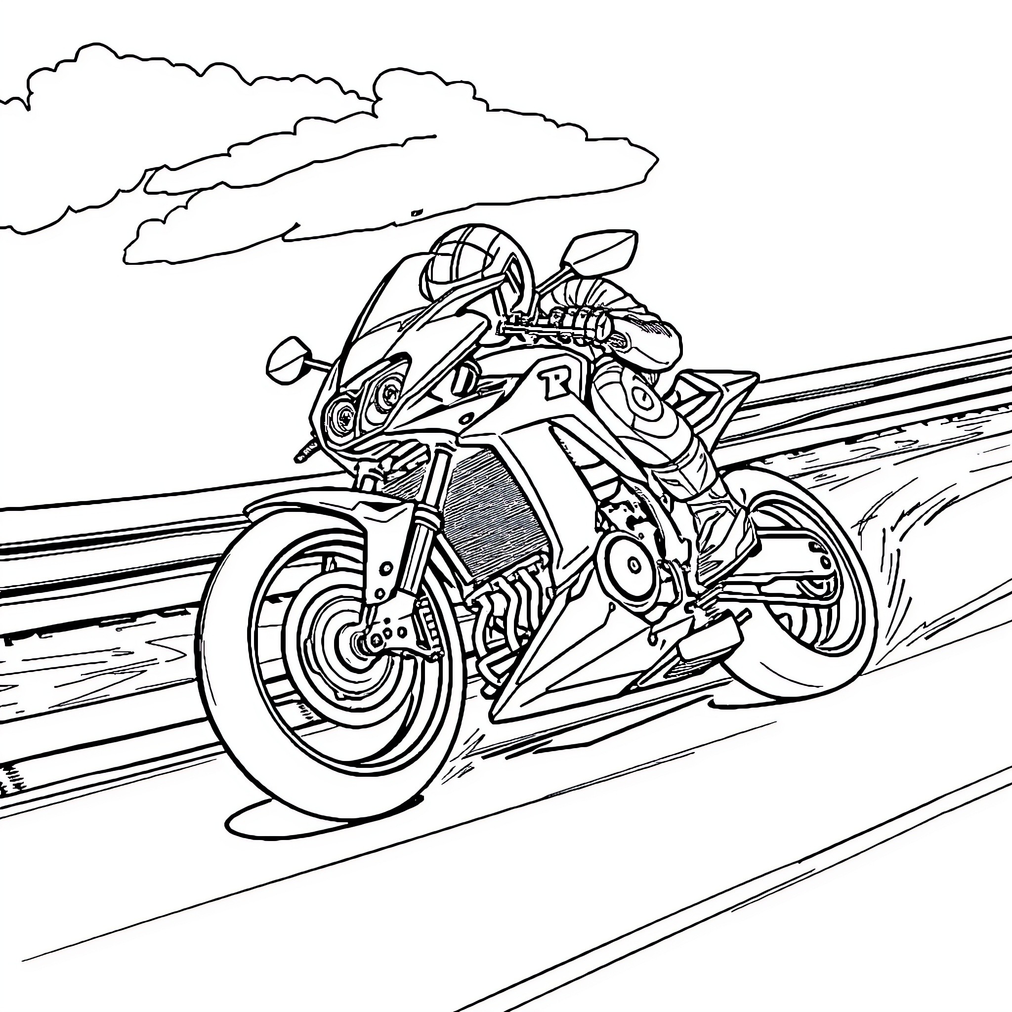 Motorcycle speeding through a cloudy landscape Coloring Page (free black-and-white line drawing printable PDF for all, from beginners to advanced learners, including children, teens, adults, and seniors)