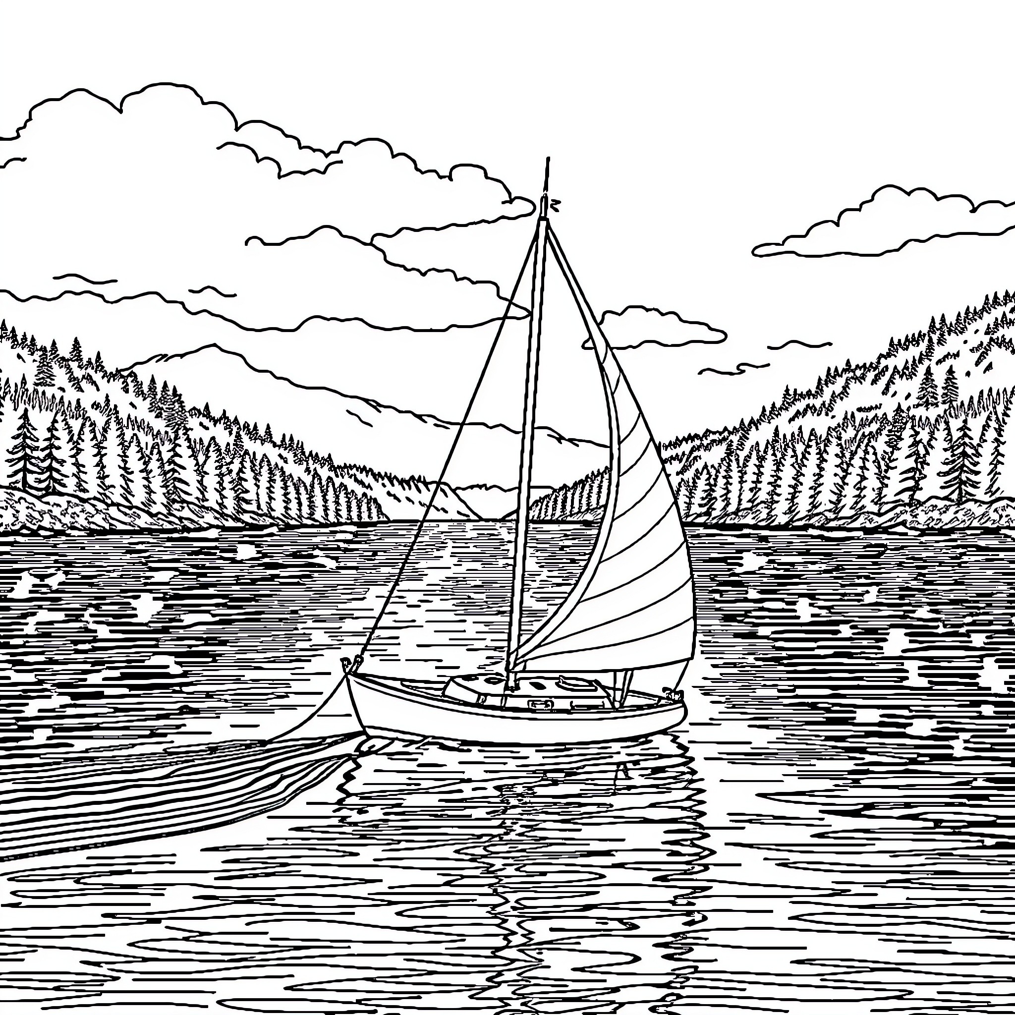 Sailboat sailing peacefully on a tranquil lake Coloring Page (free black-and-white line drawing printable PDF for all, from beginners to advanced learners, including children, teens, adults, and seniors)