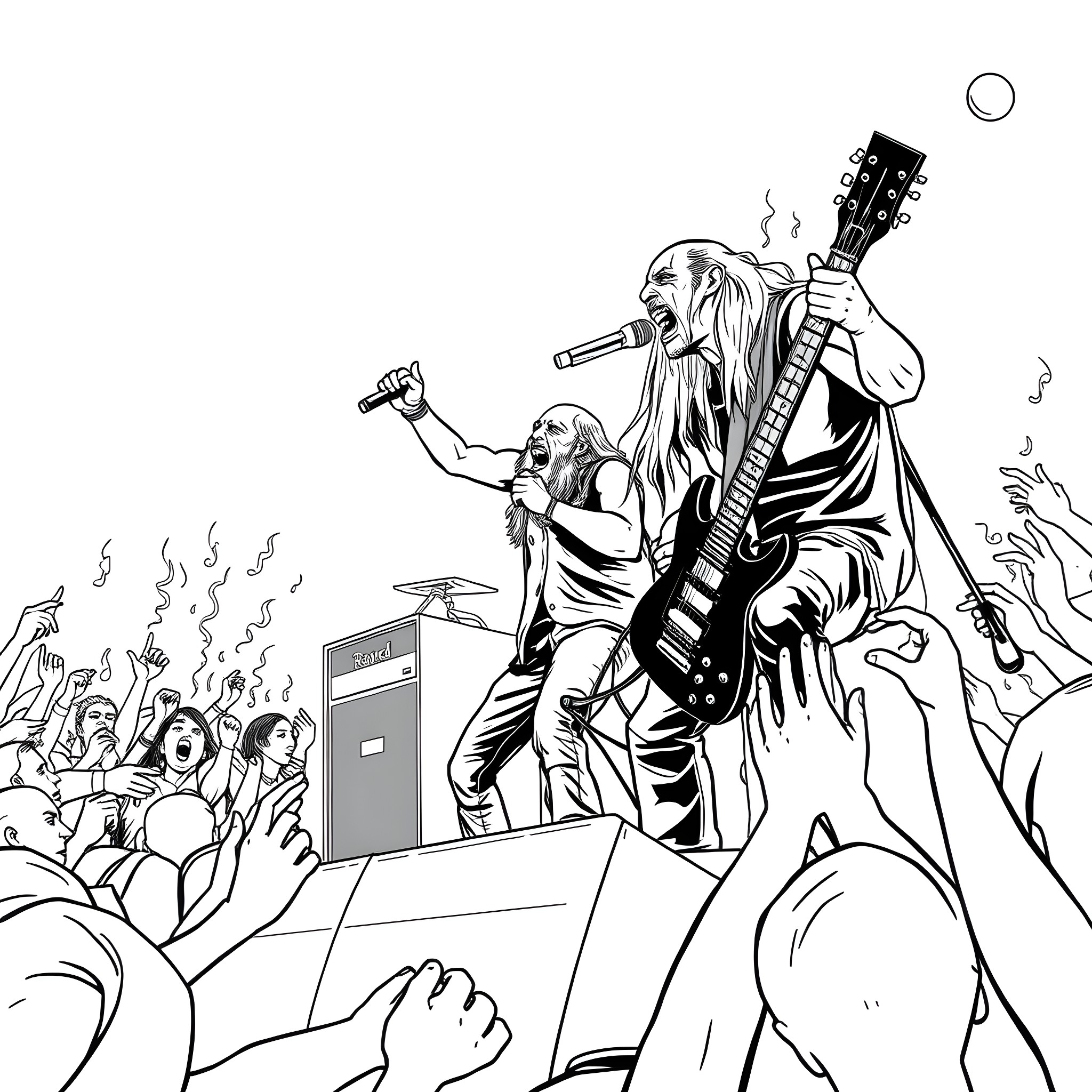 Lamb of God performing on stage with the crowd Coloring Page (free black-and-white line drawing printable PDF for all, from beginners to advanced learners, including children, teens, adults, and seniors)