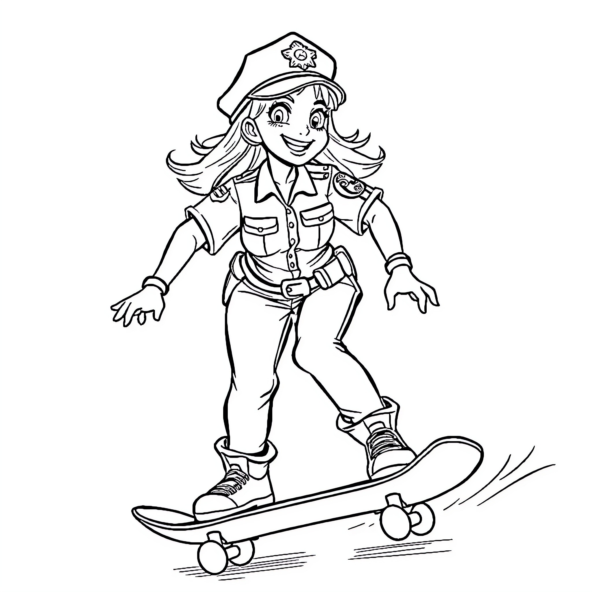Police Mouse Riding a Skateboard Happily Coloring Page (free black-and-white line drawing printable PDF for all, from beginners to advanced learners, including children, teens, adults, and seniors)
