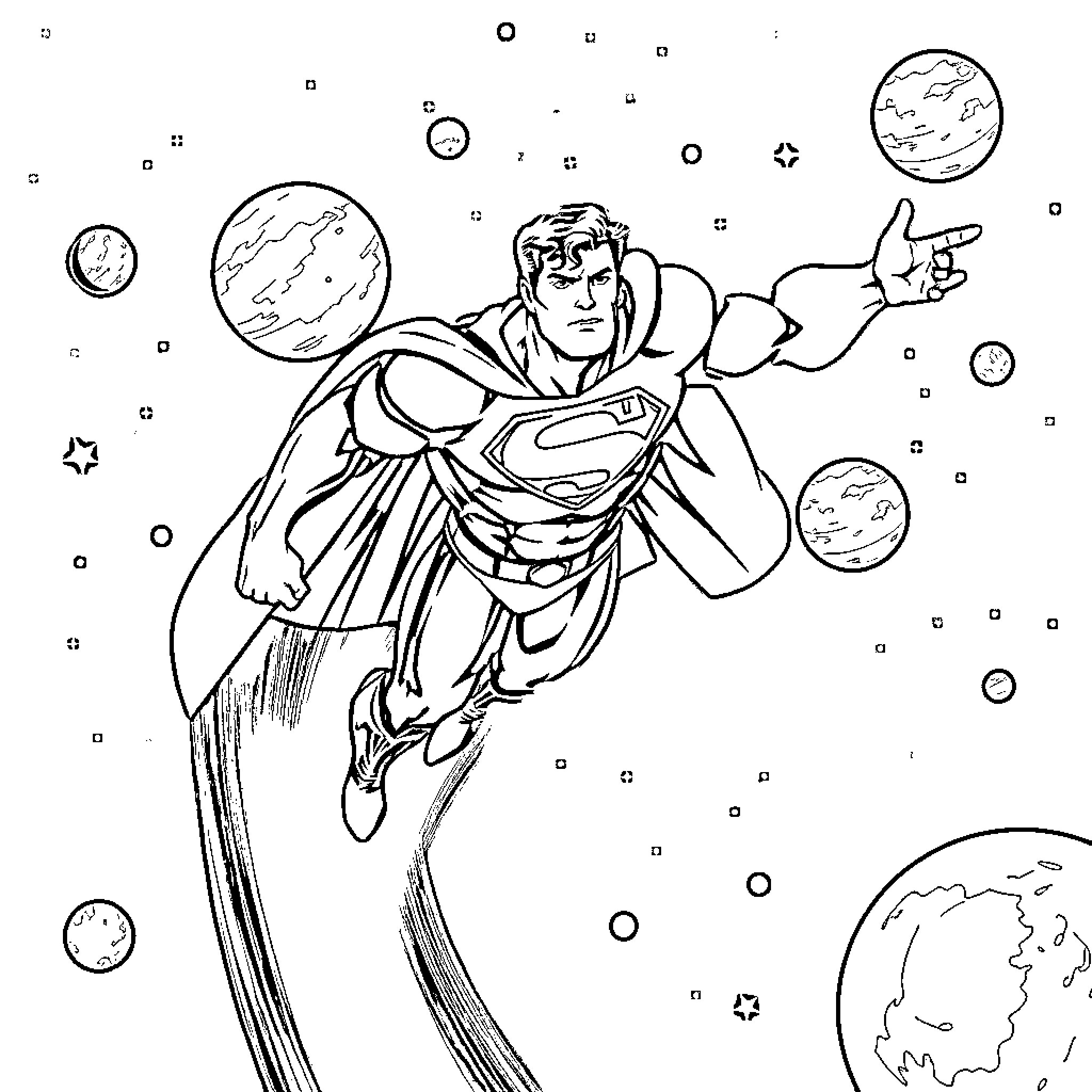 Superman soaring through the cosmos Coloring Page (free black-and-white line drawing printable PDF for all, from beginners to advanced learners, including children, teens, adults, and seniors)