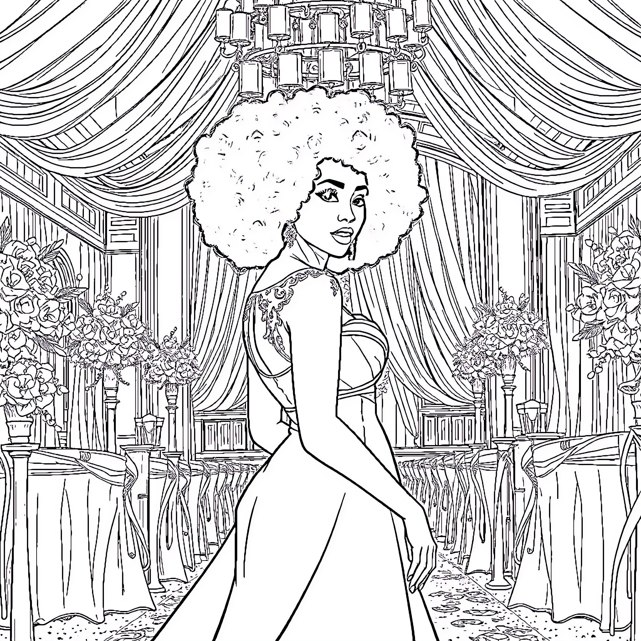 Bride posing elegantly in a lavish wedding scene Coloring Page (free black-and-white line drawing printable PDF for all, from beginners to advanced learners, including children, teens, adults, and seniors)