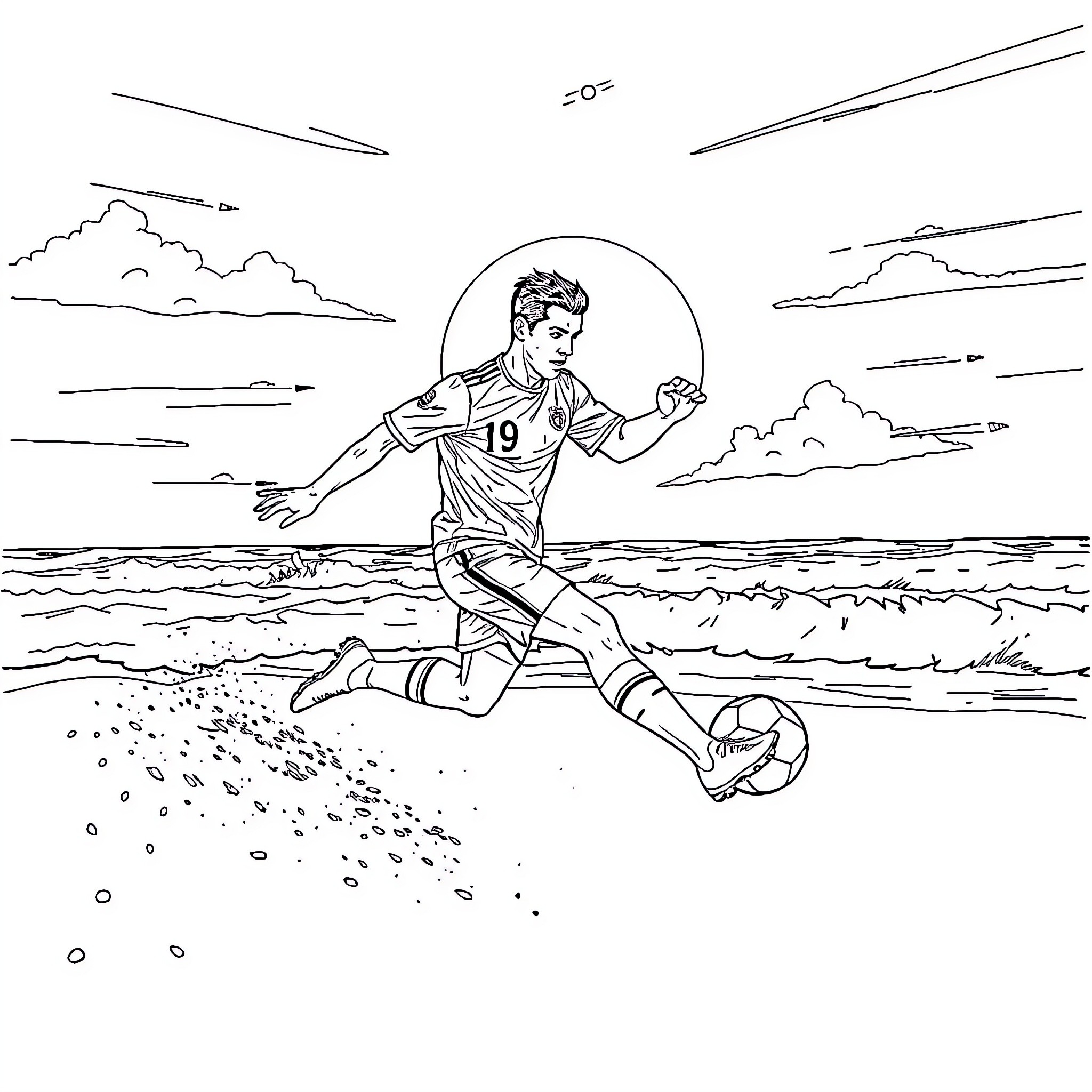 Ronaldo running on the beach with soccer ball Coloring Page (free black-and-white line drawing printable PDF for all, from beginners to advanced learners, including children, teens, adults, and seniors)