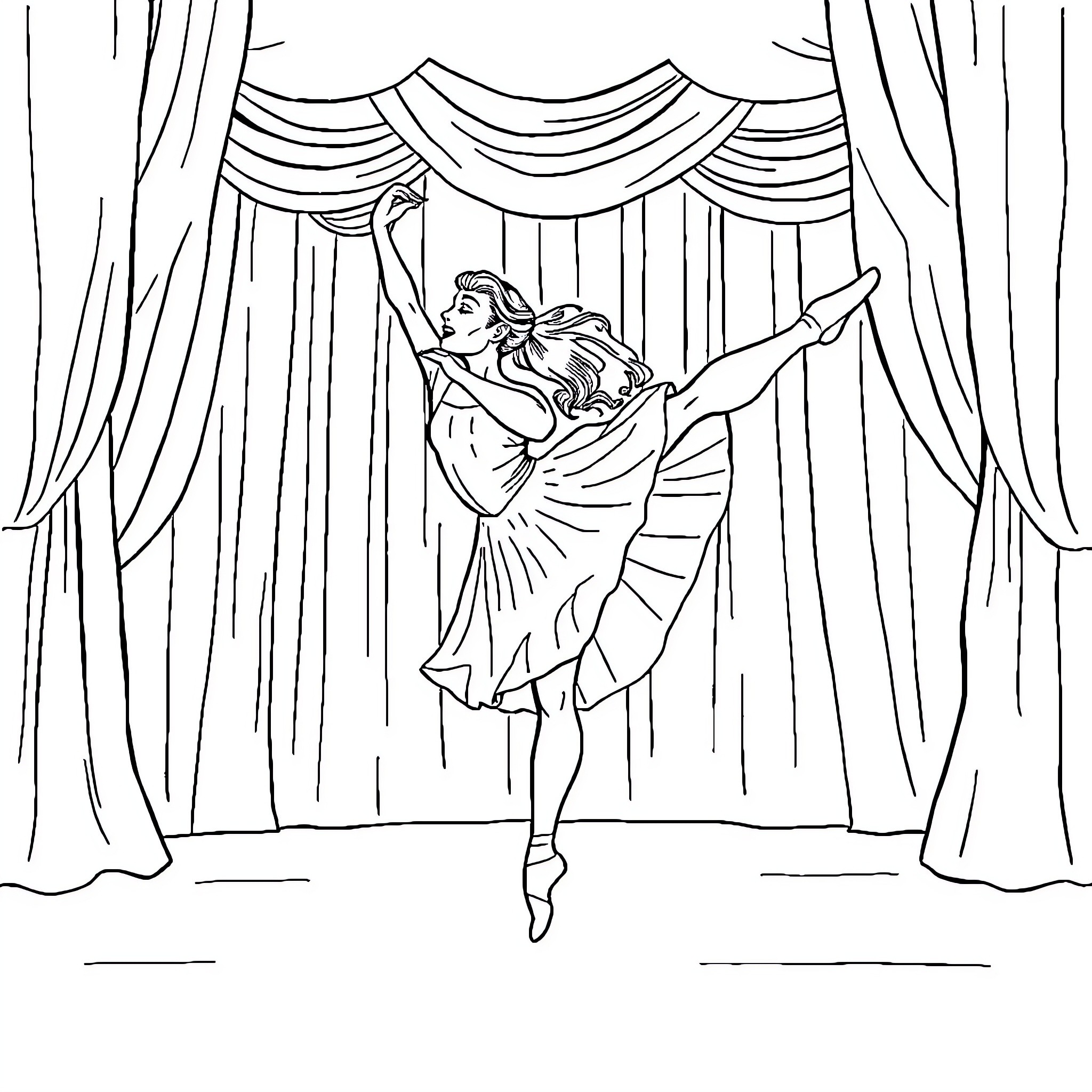 Sal Frelick's Graceful Stage Performance Coloring Page (free black-and-white line drawing printable PDF for all, from beginners to advanced learners, including children, teens, adults, and seniors)