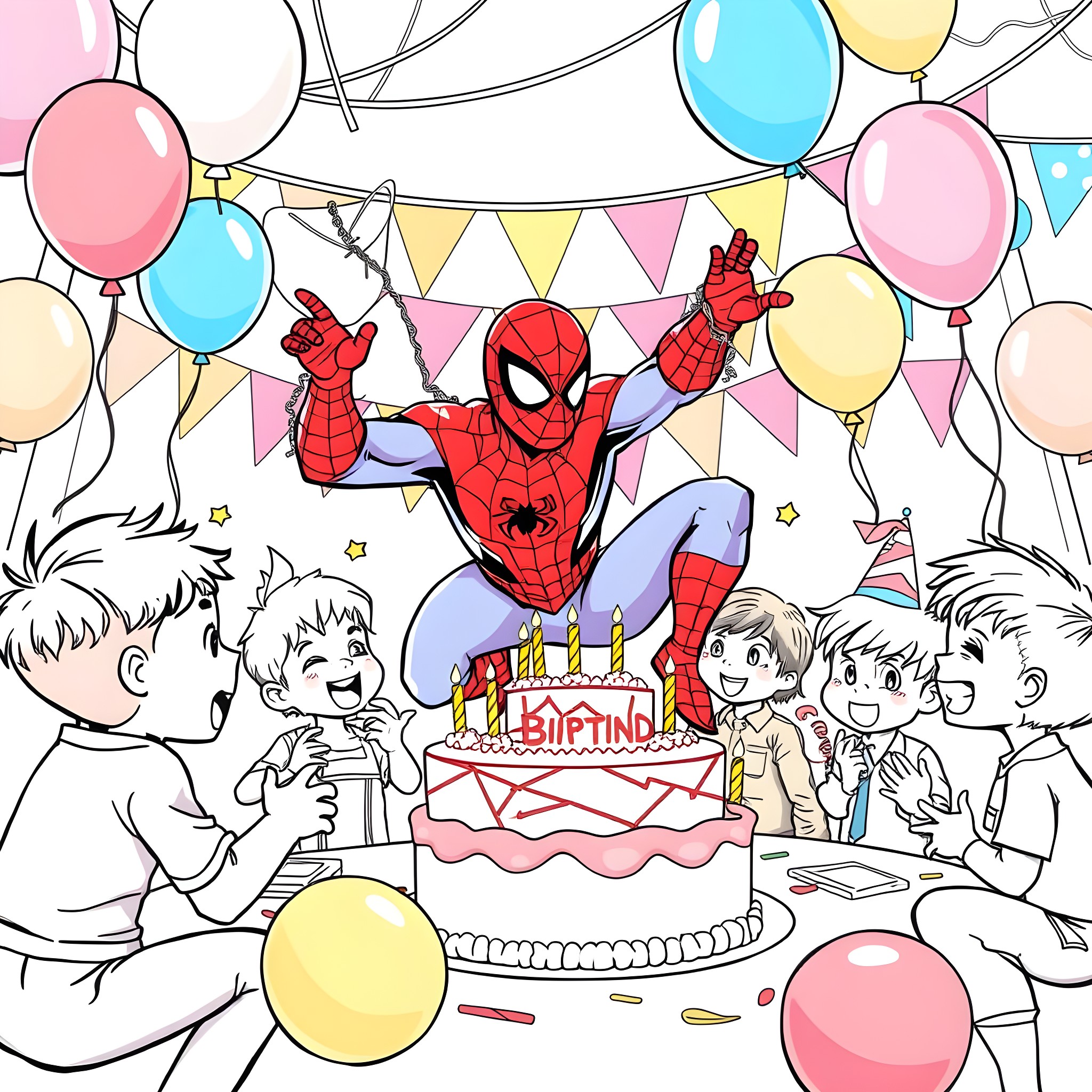 Spiderman celebrating birthday with friends Coloring Page (free black-and-white line drawing printable PDF for all, from beginners to advanced learners, including children, teens, adults, and seniors)
