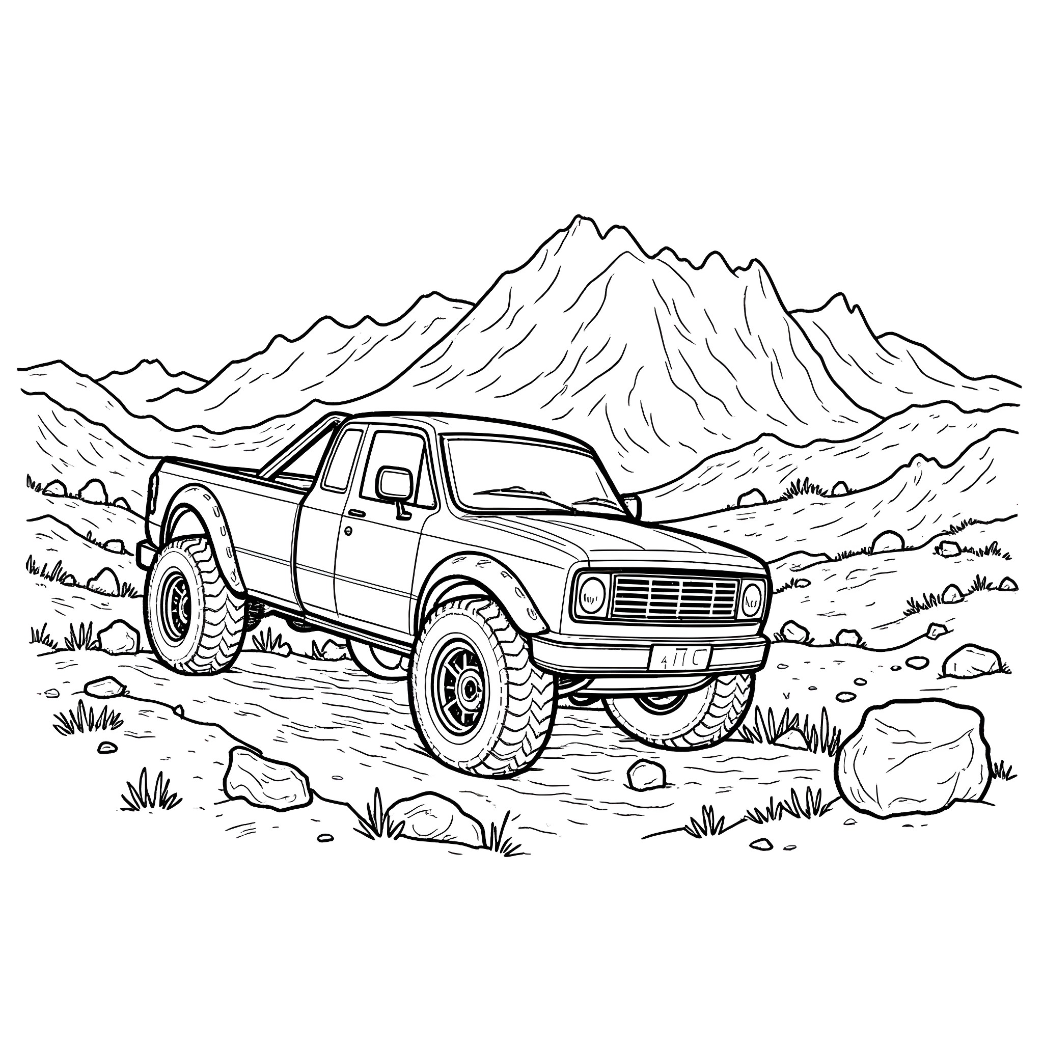Wrecker Truck Navigating Rugged Terrain Coloring Page (free black-and-white line drawing printable PDF for all, from beginners to advanced learners, including children, teens, adults, and seniors)