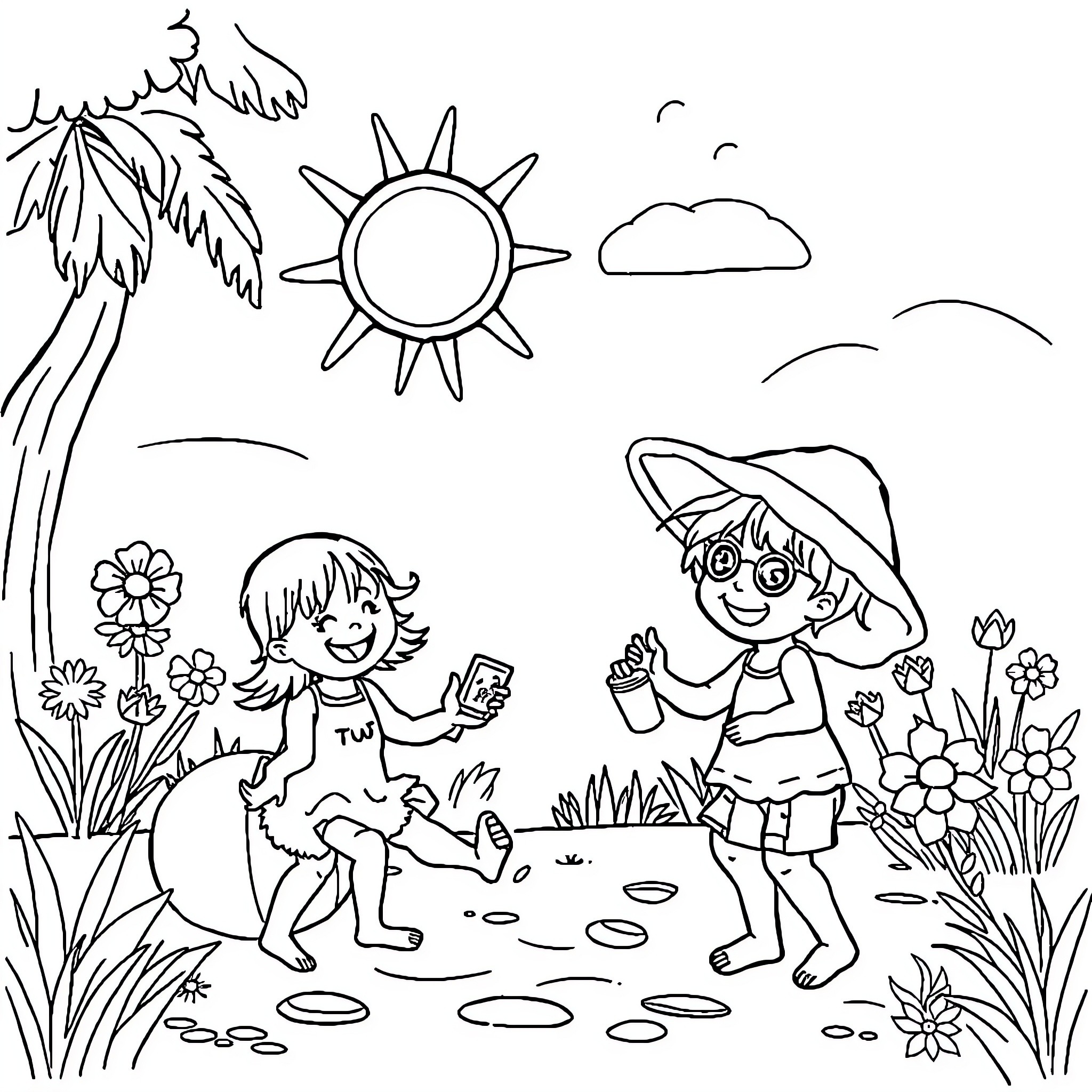 Toddlers exploring nature on a sunny day Coloring Page (free black-and-white line drawing printable PDF for all, from beginners to advanced learners, including children, teens, adults, and seniors)